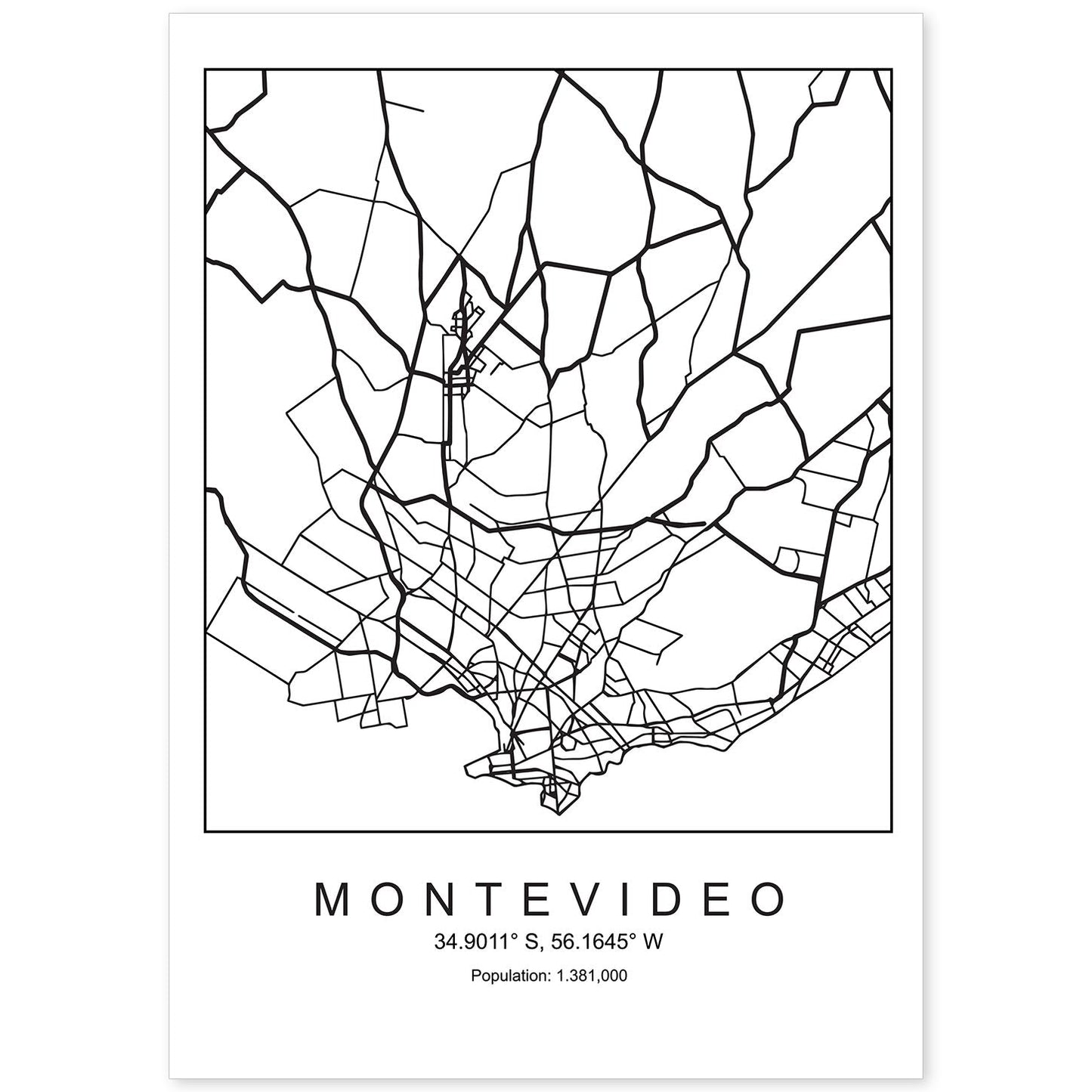 Lámina mapa de la ciudad Montevideo estilo nordico en blanco y negro.-Artwork-Nacnic-A4-Sin marco-Nacnic Estudio SL