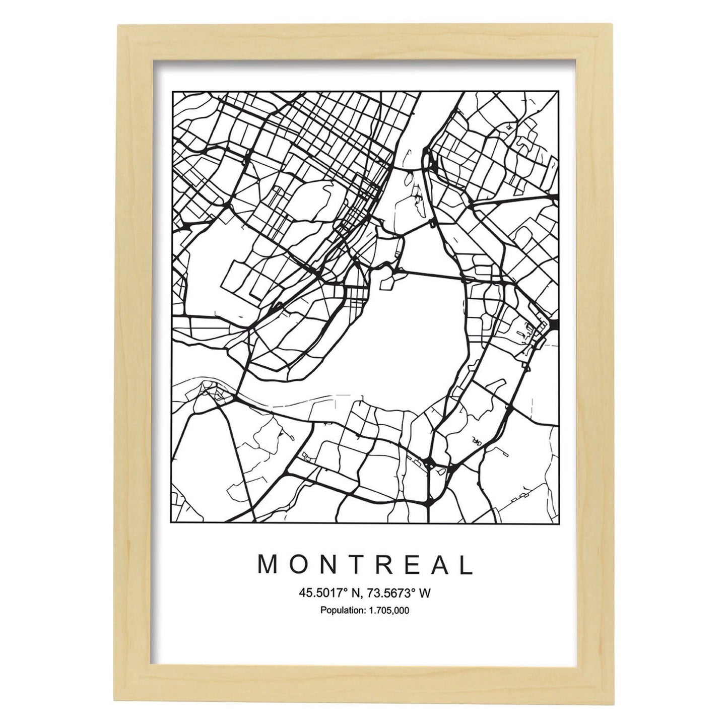 Lámina mapa de la ciudad Montreal estilo nordico en blanco y negro.-Artwork-Nacnic-A3-Marco Madera clara-Nacnic Estudio SL