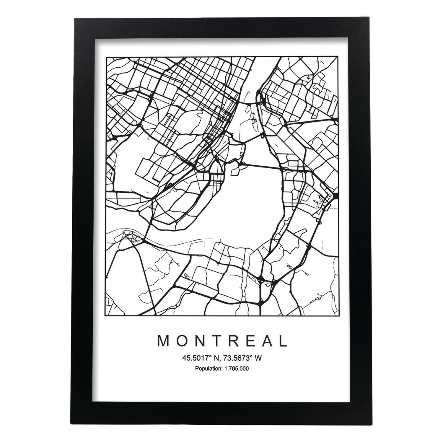Lámina mapa de la ciudad Montreal estilo nordico en blanco y negro.-Artwork-Nacnic-A3-Marco Negro-Nacnic Estudio SL
