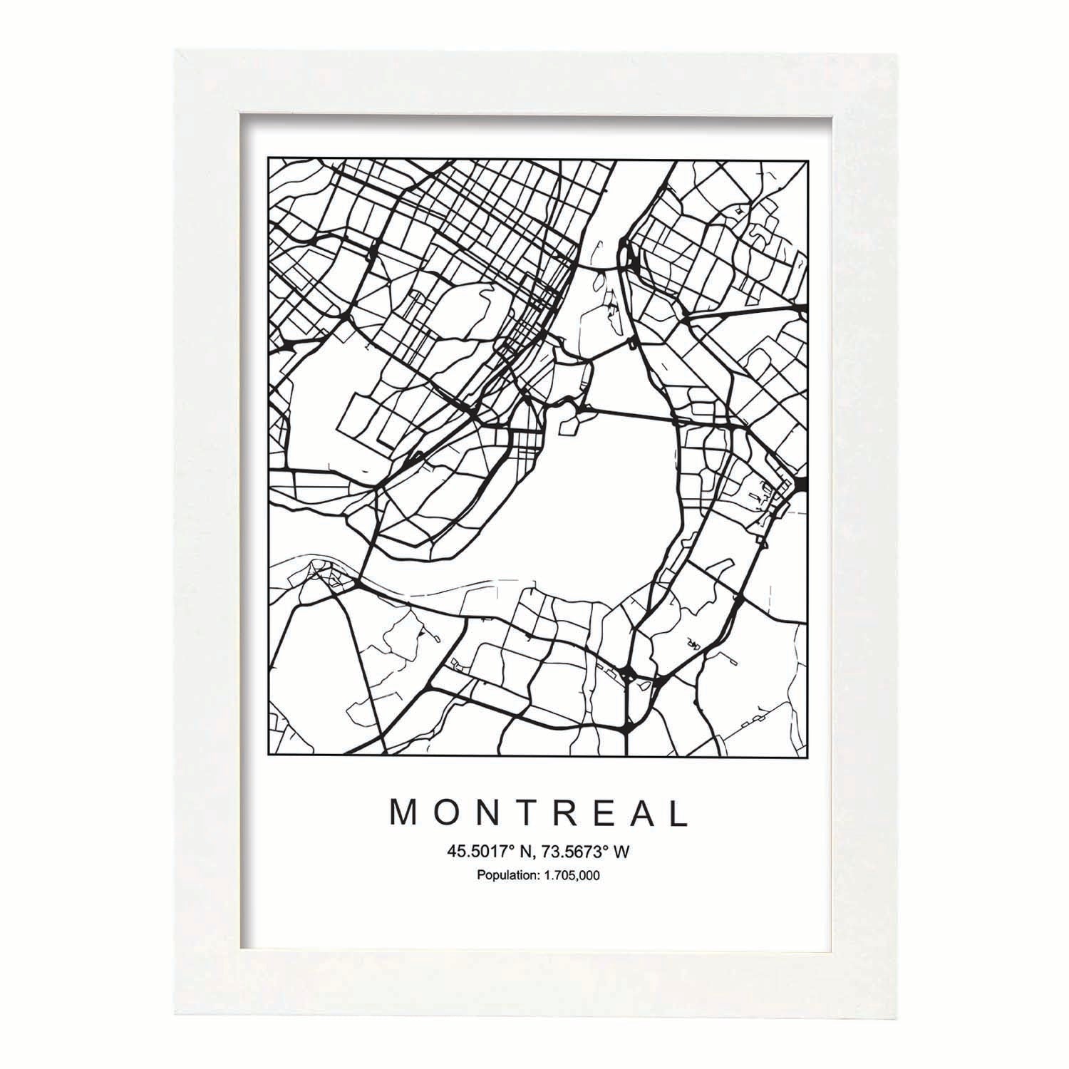 Lámina mapa de la ciudad Montreal estilo nordico en blanco y negro.-Artwork-Nacnic-A4-Marco Blanco-Nacnic Estudio SL