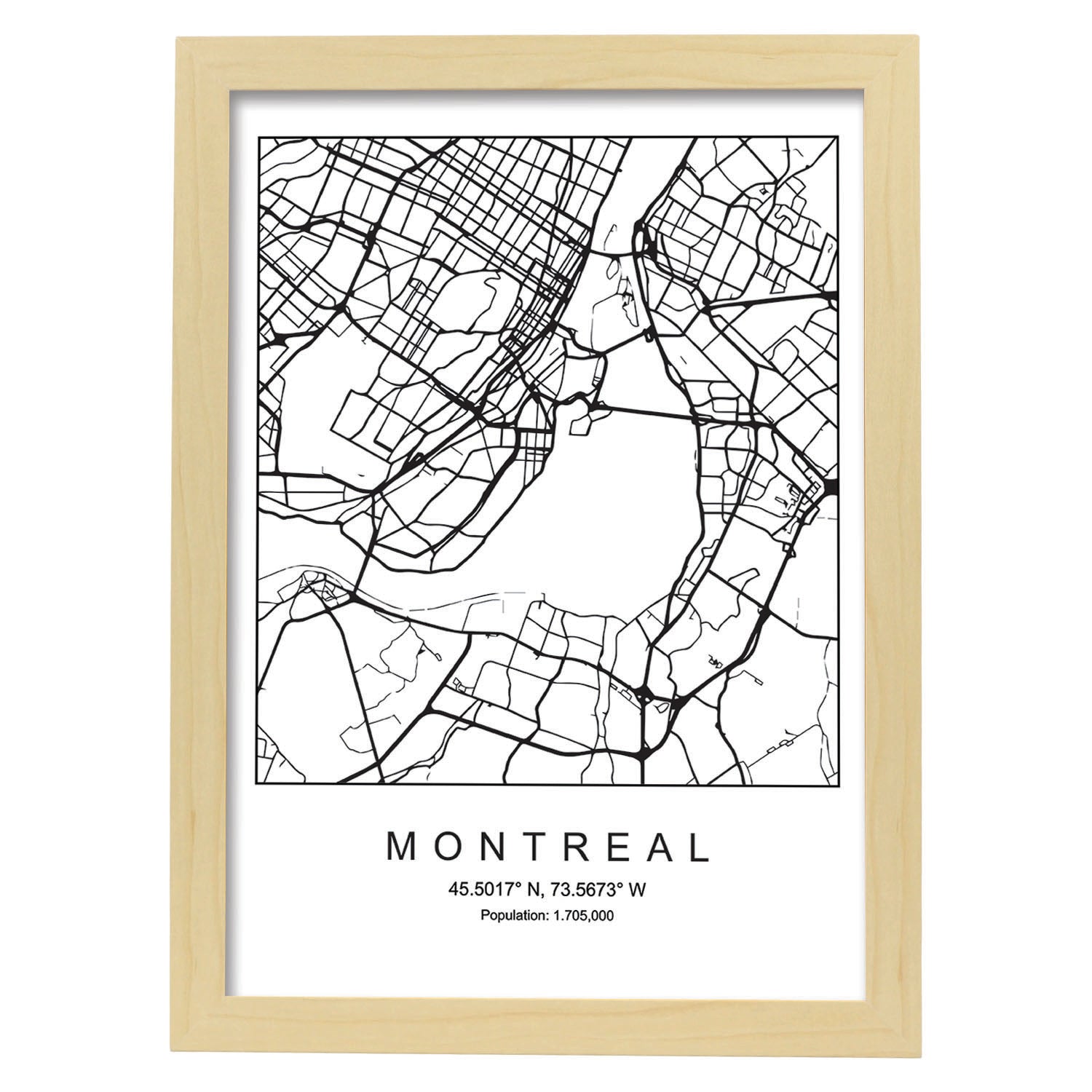 Lámina mapa de la ciudad Montreal estilo nordico en blanco y negro.-Artwork-Nacnic-A4-Marco Madera clara-Nacnic Estudio SL