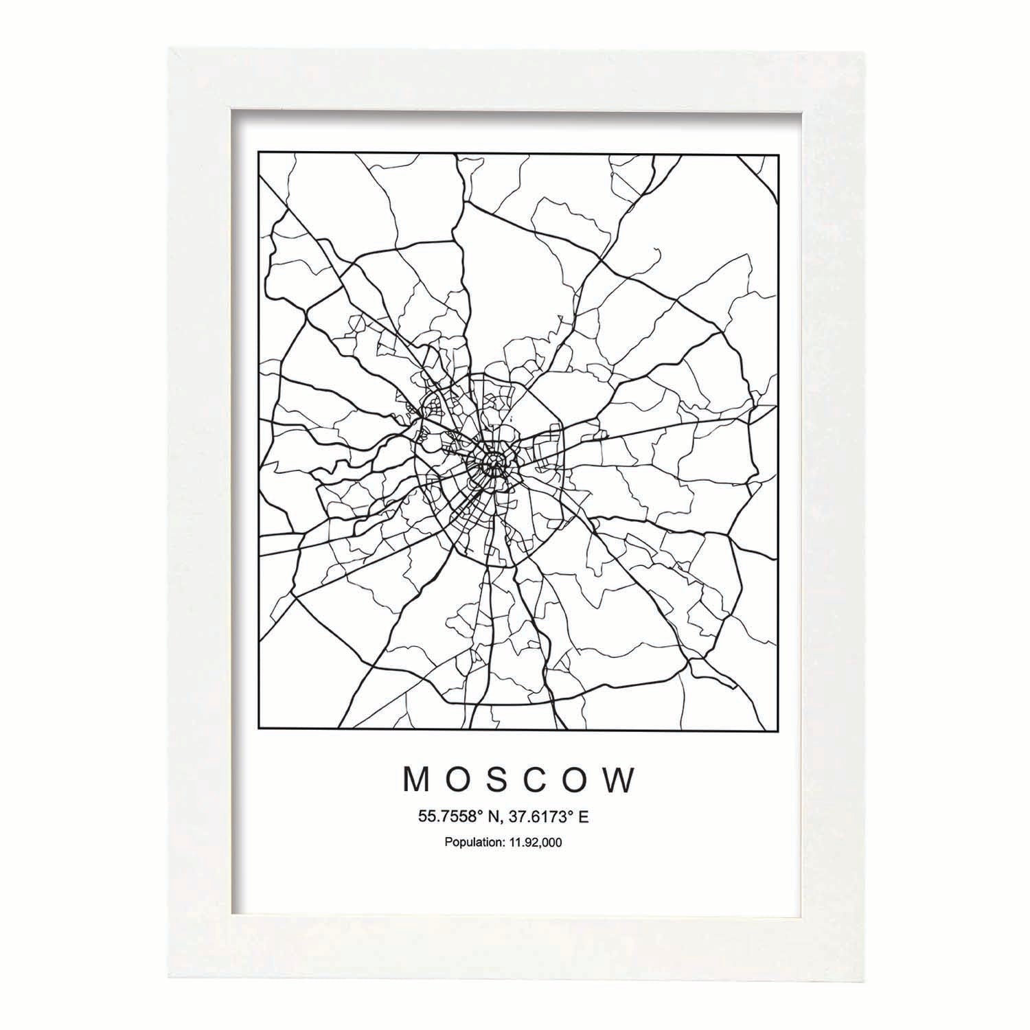 Lámina mapa de la ciudad Moscow estilo nordico en blanco y negro.-Artwork-Nacnic-A3-Marco Blanco-Nacnic Estudio SL