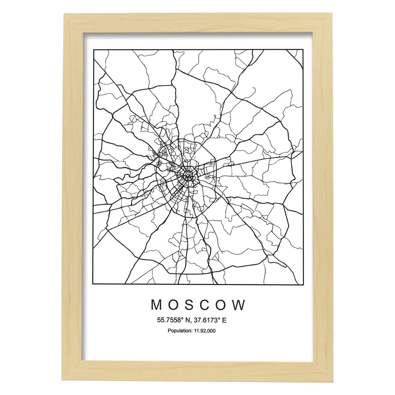 Lámina mapa de la ciudad Moscow estilo nordico en blanco y negro.-Artwork-Nacnic-A3-Marco Madera clara-Nacnic Estudio SL