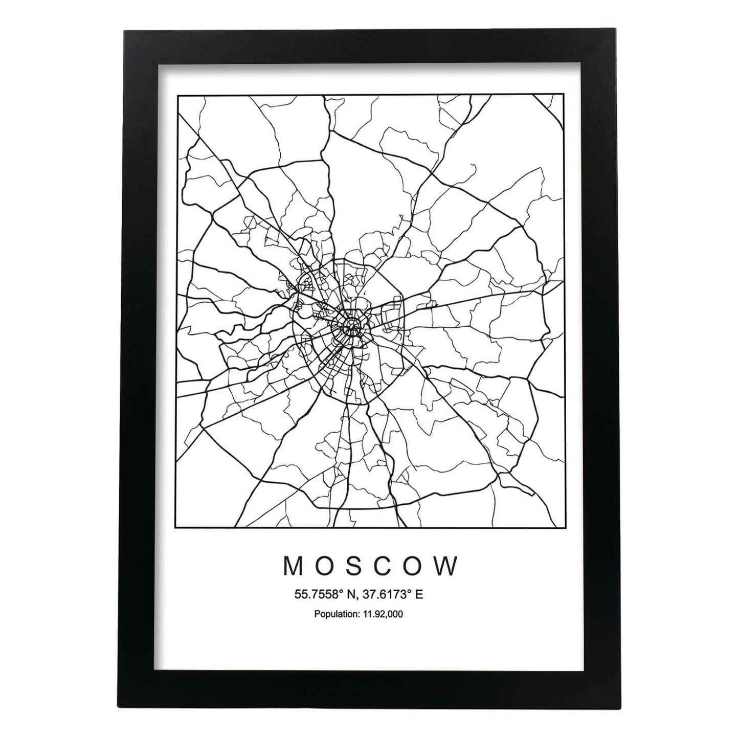 Lámina mapa de la ciudad Moscow estilo nordico en blanco y negro.-Artwork-Nacnic-A3-Marco Negro-Nacnic Estudio SL