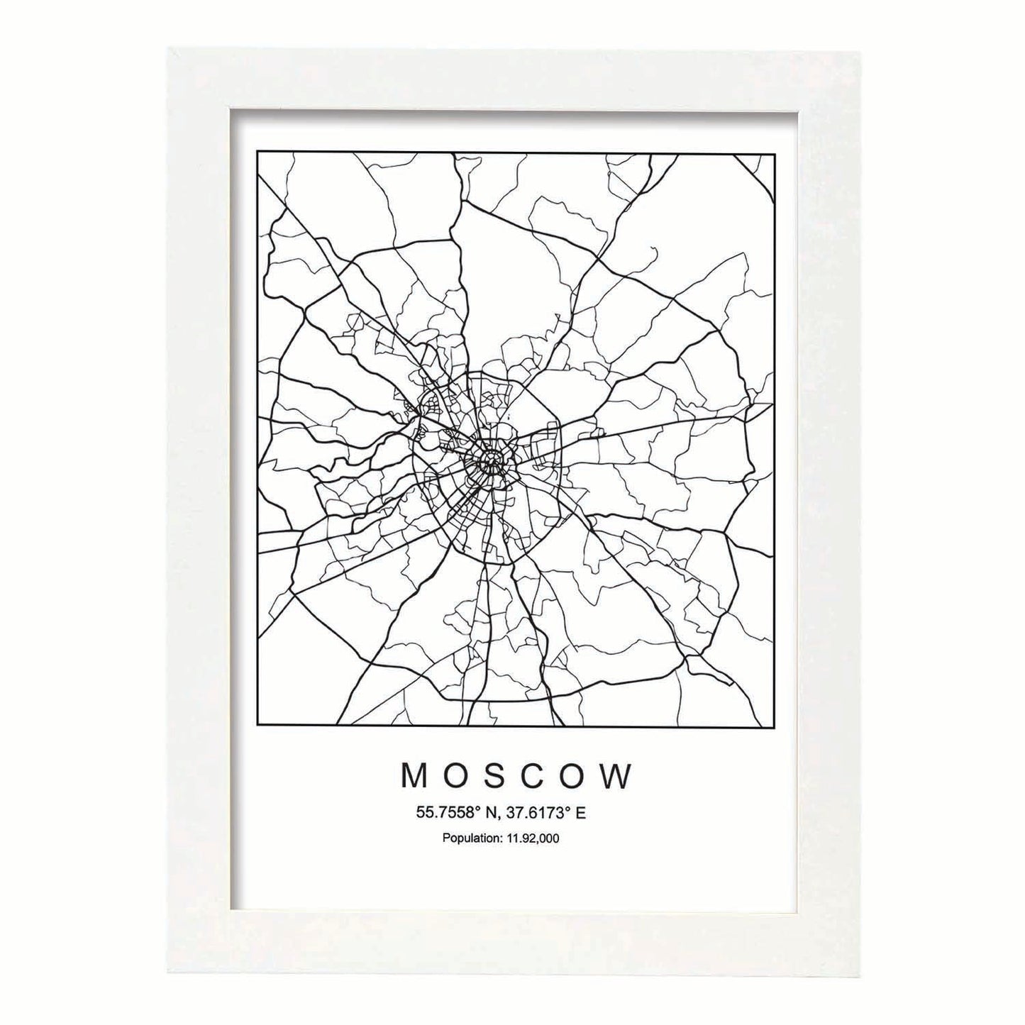 Lámina mapa de la ciudad Moscow estilo nordico en blanco y negro.-Artwork-Nacnic-A4-Marco Blanco-Nacnic Estudio SL