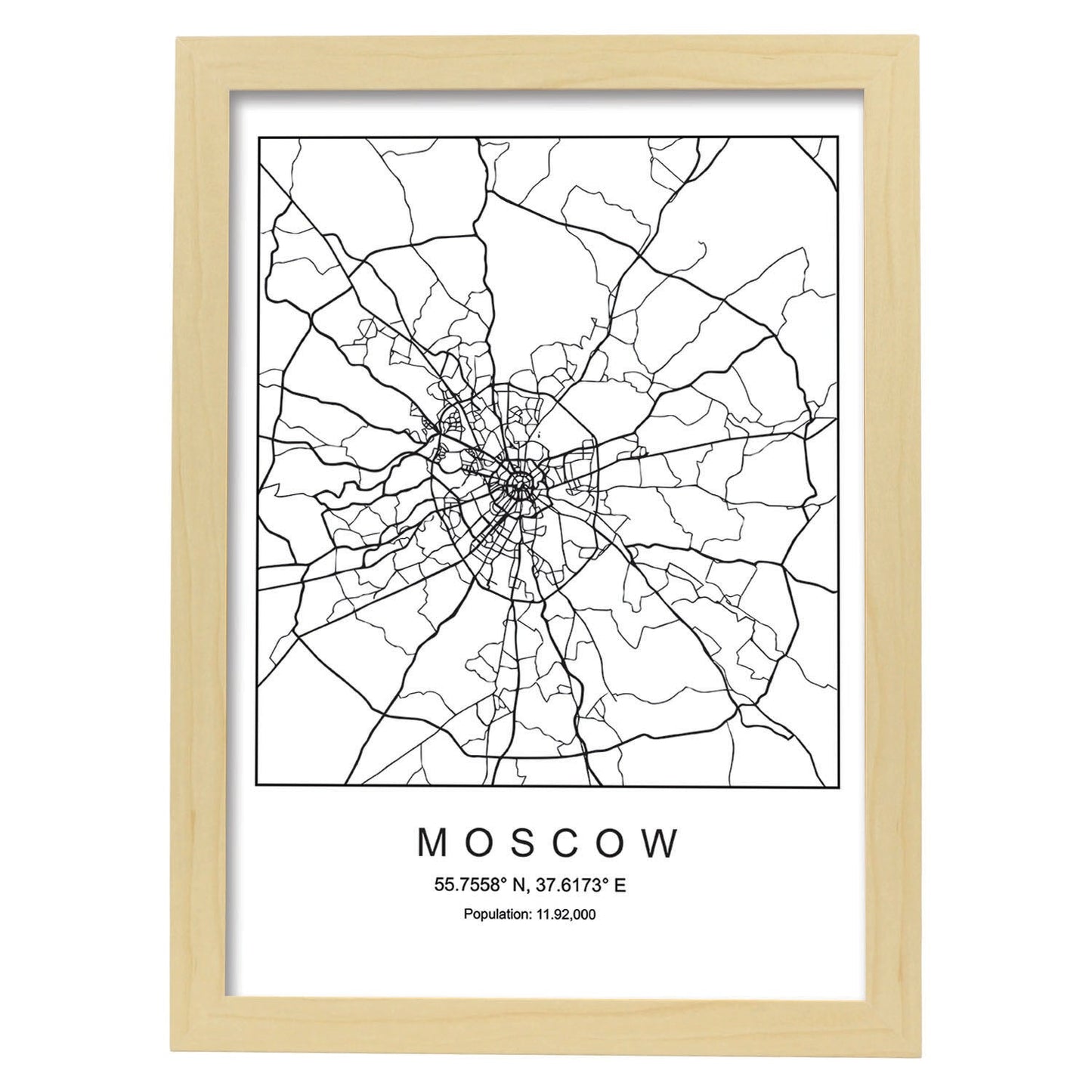 Lámina mapa de la ciudad Moscow estilo nordico en blanco y negro.-Artwork-Nacnic-A4-Marco Madera clara-Nacnic Estudio SL
