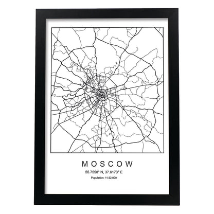 Lámina mapa de la ciudad Moscow estilo nordico en blanco y negro.-Artwork-Nacnic-A4-Marco Negro-Nacnic Estudio SL