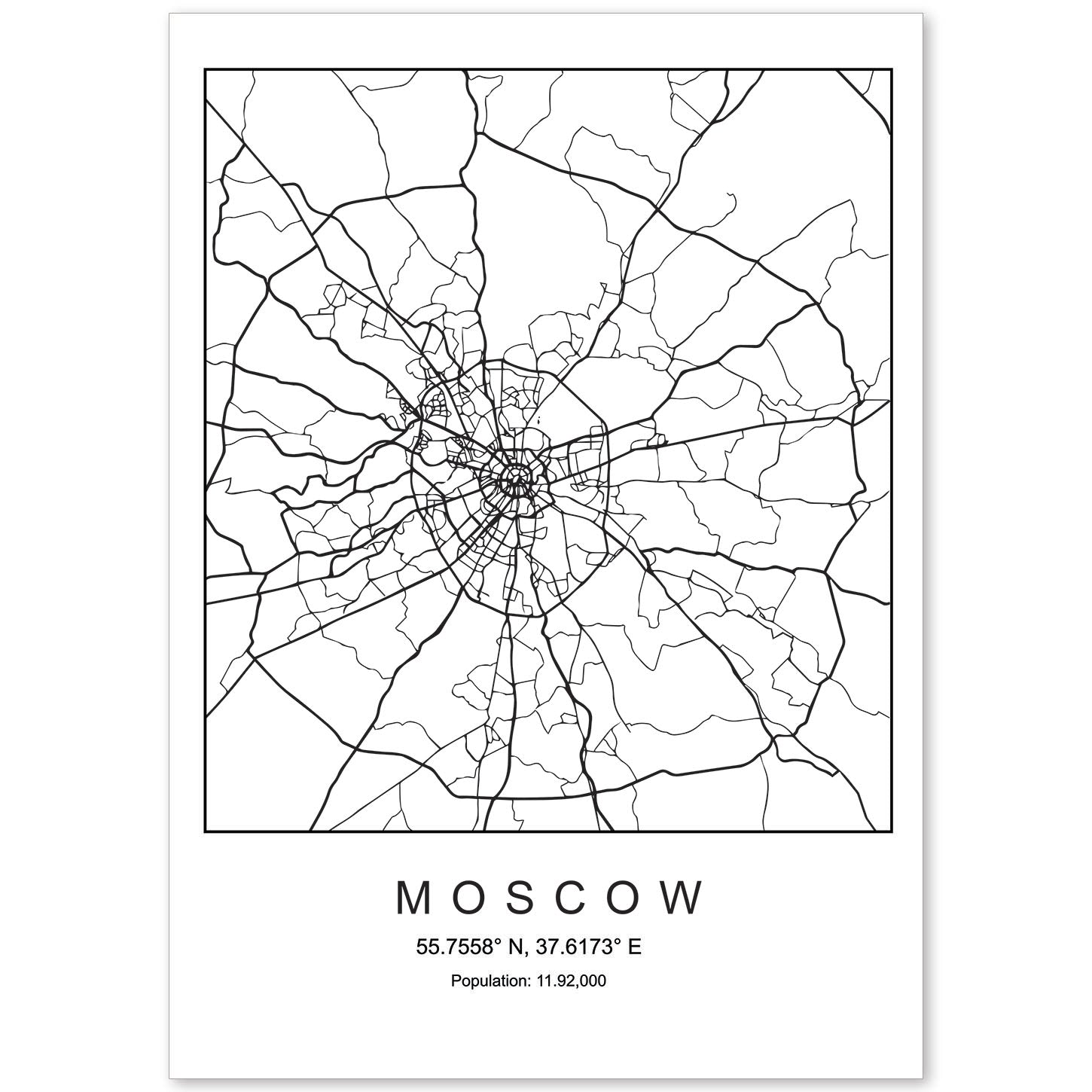 Lámina mapa de la ciudad Moscow estilo nordico en blanco y negro.-Artwork-Nacnic-A4-Sin marco-Nacnic Estudio SL