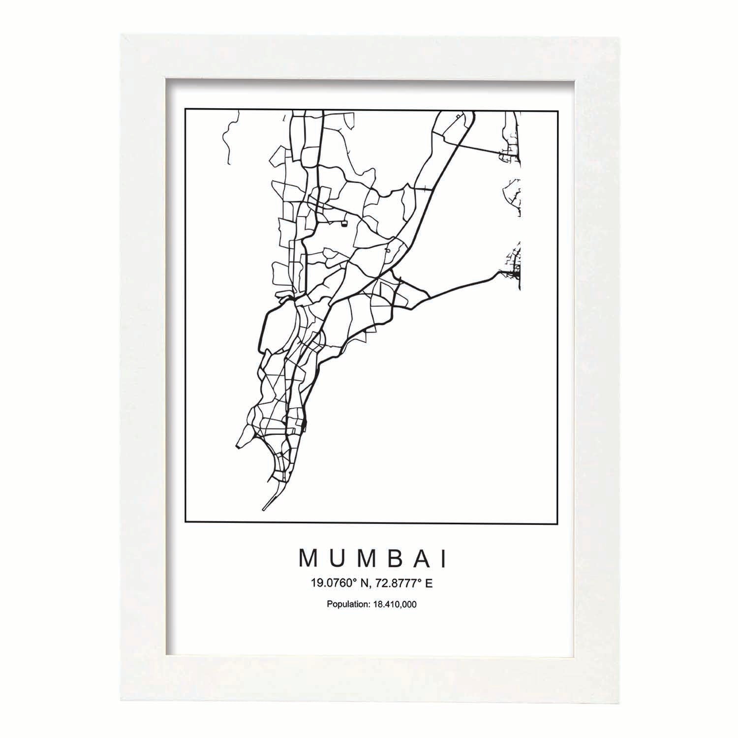 Lámina mapa de la ciudad Mumbai estilo nordico en blanco y negro.-Artwork-Nacnic-A3-Marco Blanco-Nacnic Estudio SL