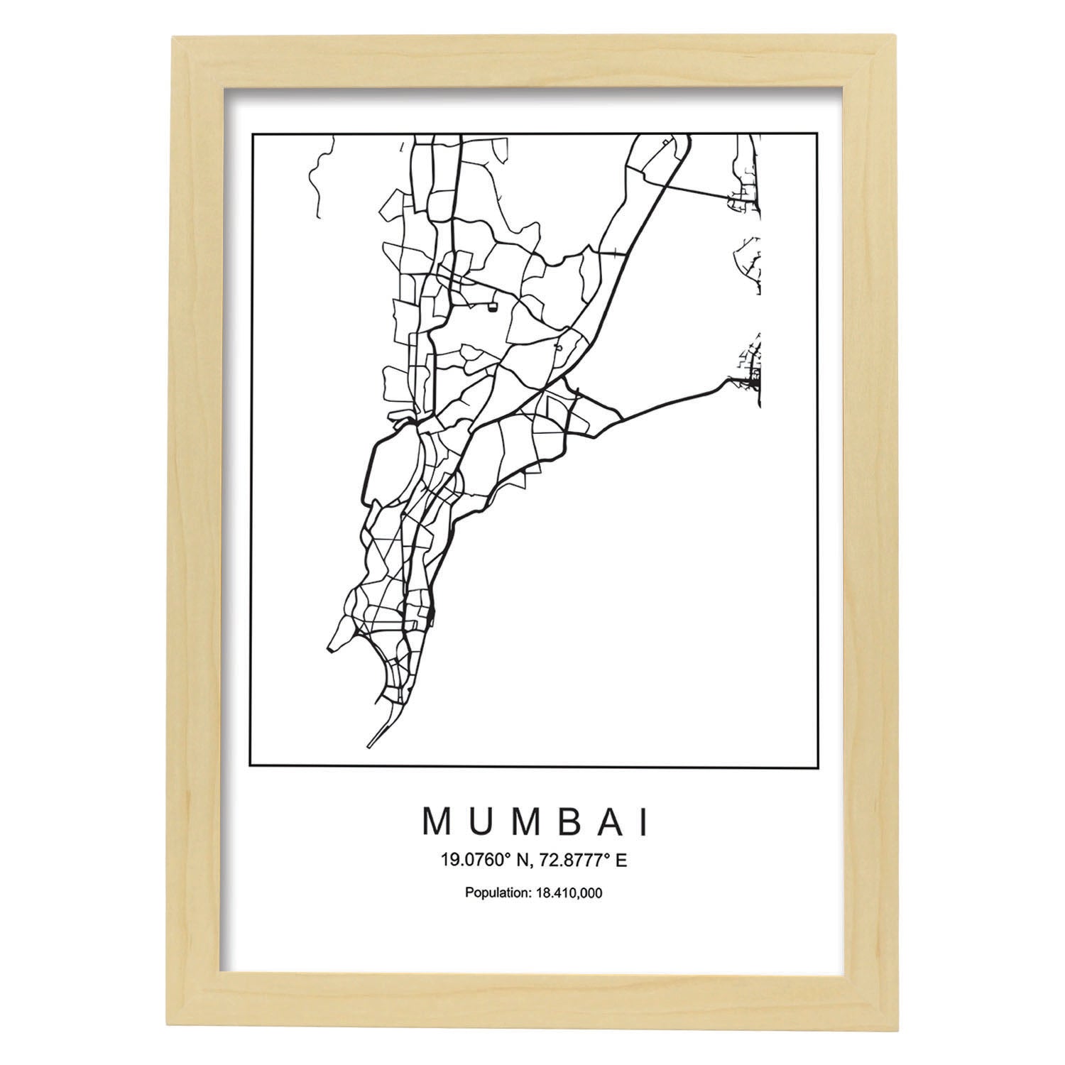 Lámina mapa de la ciudad Mumbai estilo nordico en blanco y negro.-Artwork-Nacnic-A3-Marco Madera clara-Nacnic Estudio SL