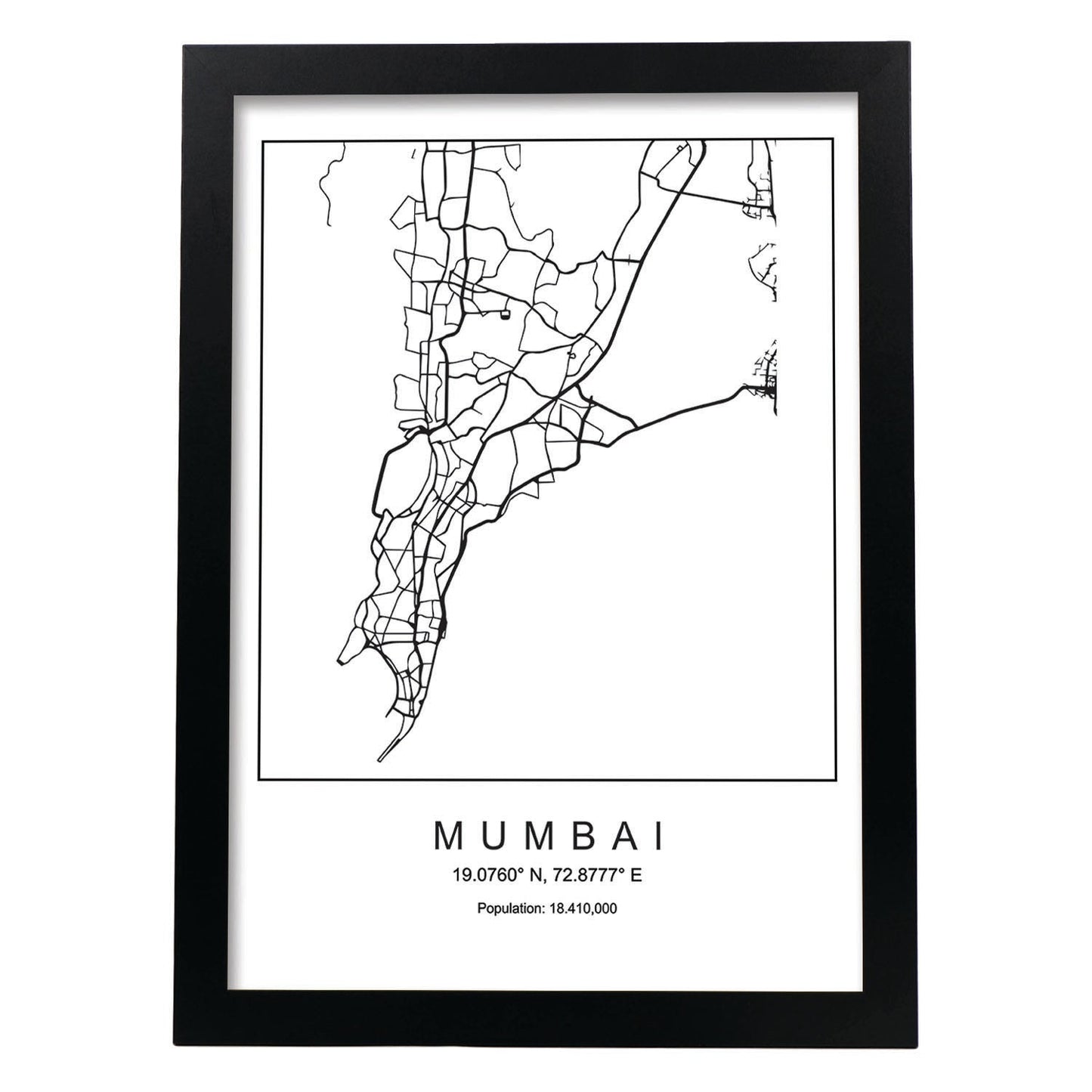 Lámina mapa de la ciudad Mumbai estilo nordico en blanco y negro.-Artwork-Nacnic-A3-Marco Negro-Nacnic Estudio SL