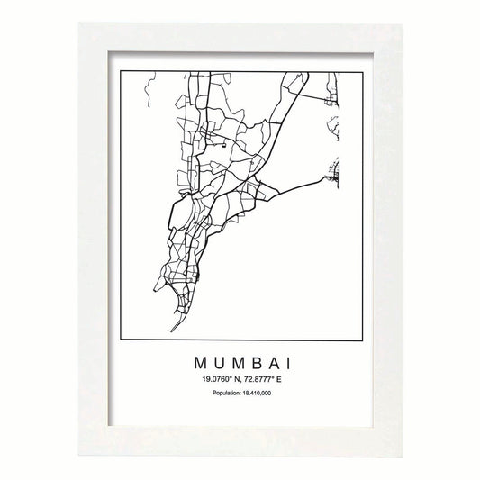 Lámina mapa de la ciudad Mumbai estilo nordico en blanco y negro.-Artwork-Nacnic-A4-Marco Blanco-Nacnic Estudio SL