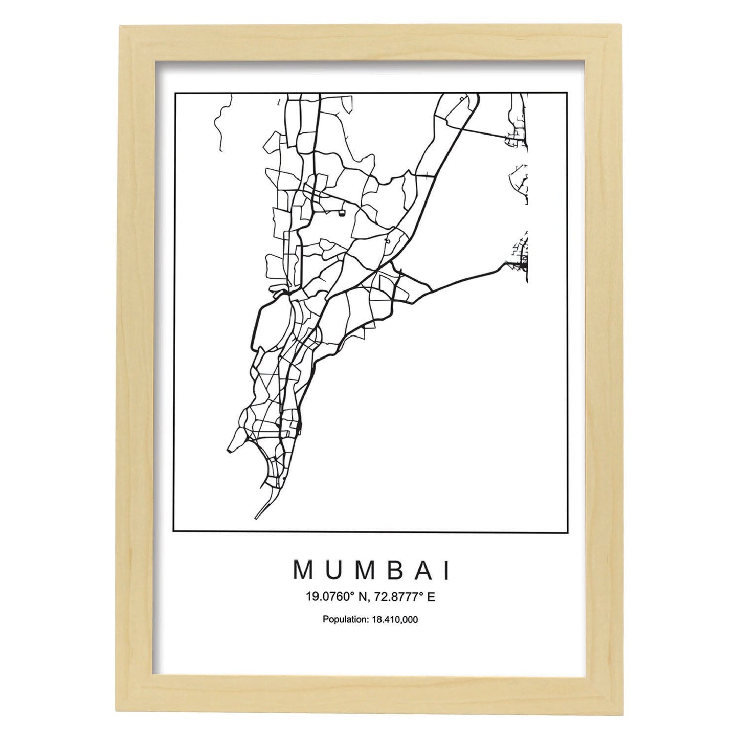 Lámina mapa de la ciudad Mumbai estilo nordico en blanco y negro.-Artwork-Nacnic-A4-Marco Madera clara-Nacnic Estudio SL