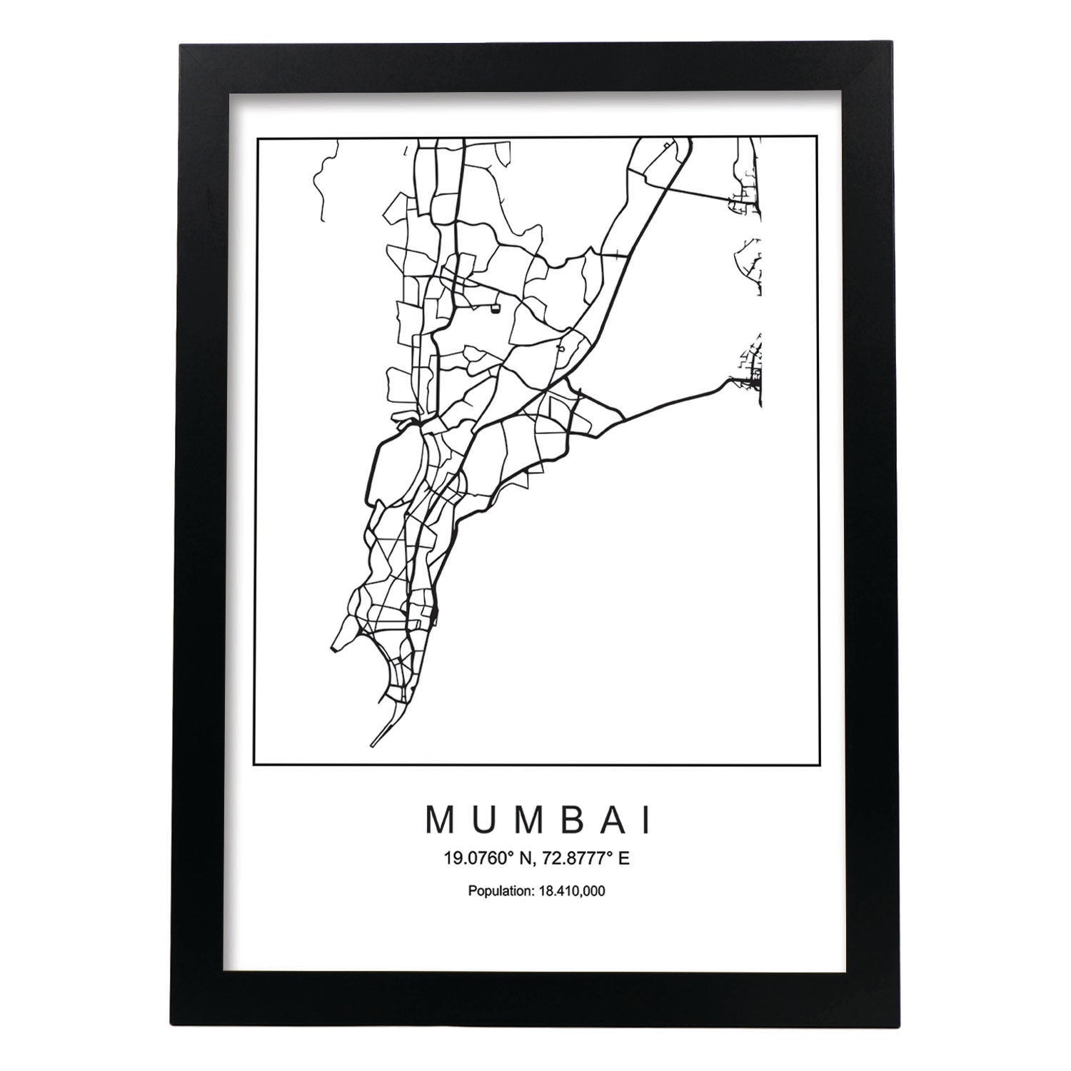 Lámina mapa de la ciudad Mumbai estilo nordico en blanco y negro.-Artwork-Nacnic-A4-Marco Negro-Nacnic Estudio SL