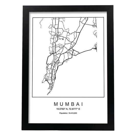 Lámina mapa de la ciudad Mumbai estilo nordico en blanco y negro.-Artwork-Nacnic-A4-Marco Negro-Nacnic Estudio SL