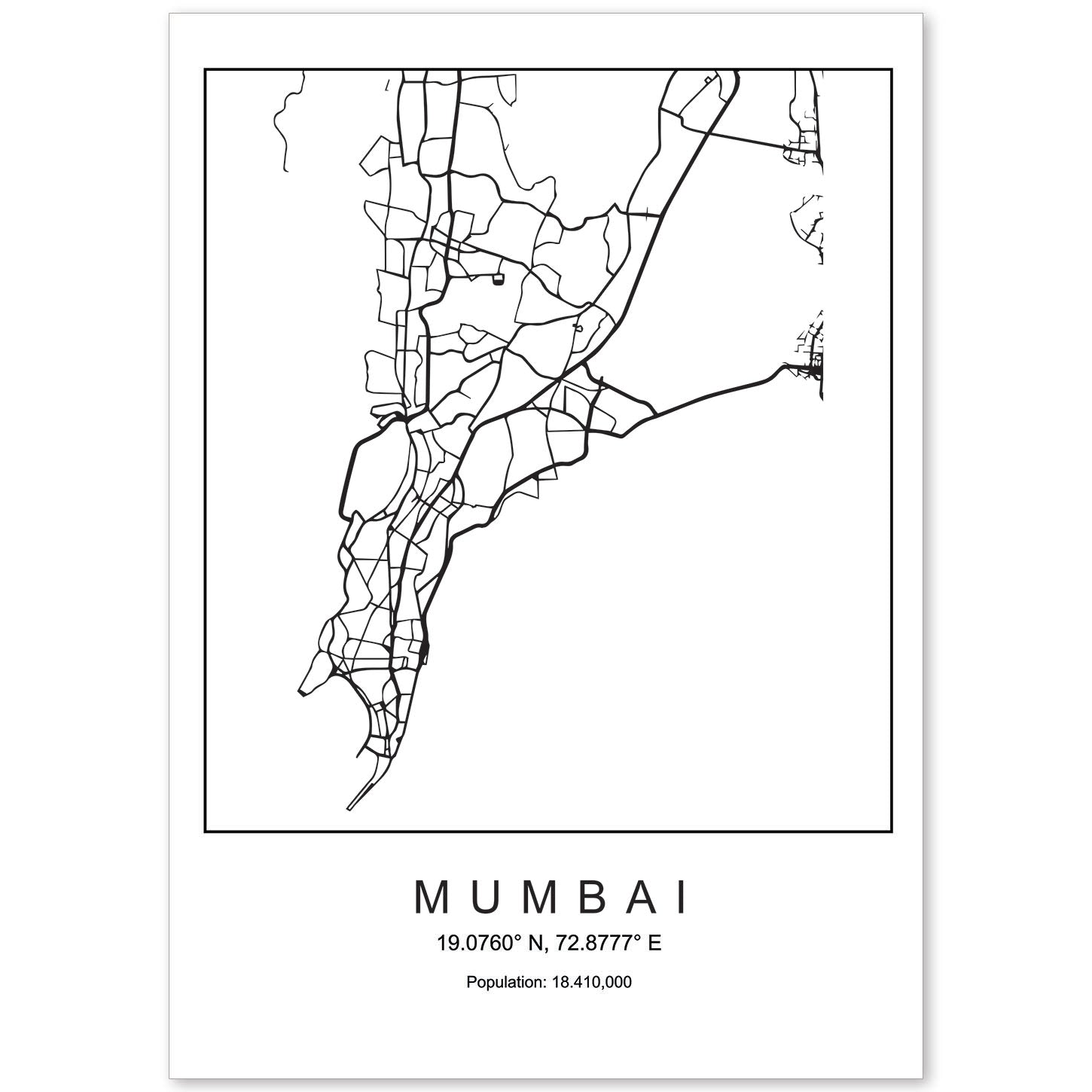 Lámina mapa de la ciudad Mumbai estilo nordico en blanco y negro.-Artwork-Nacnic-A4-Sin marco-Nacnic Estudio SL