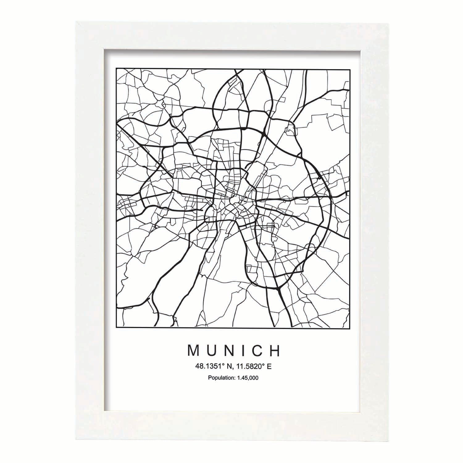 Lámina mapa de la ciudad Munich estilo nordico en blanco y negro.-Artwork-Nacnic-A3-Marco Blanco-Nacnic Estudio SL
