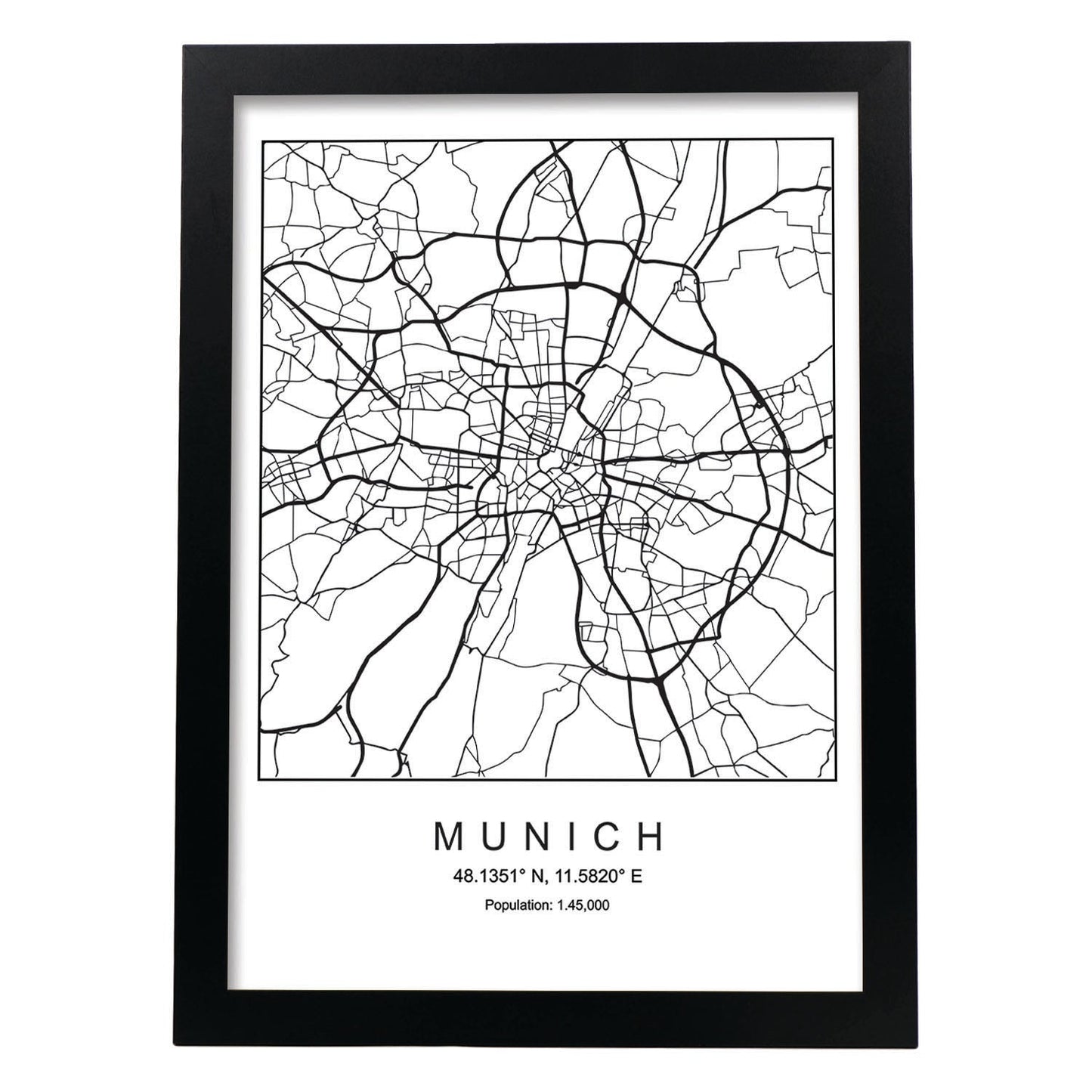 Lámina mapa de la ciudad Munich estilo nordico en blanco y negro.-Artwork-Nacnic-A3-Marco Negro-Nacnic Estudio SL
