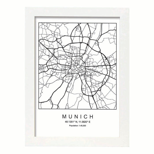 Lámina mapa de la ciudad Munich estilo nordico en blanco y negro.-Artwork-Nacnic-A4-Marco Blanco-Nacnic Estudio SL