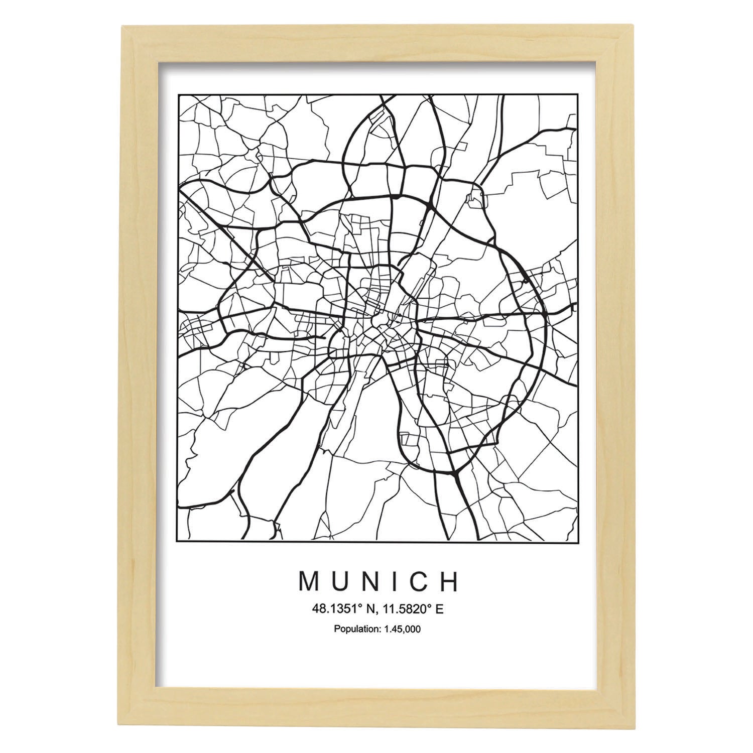 Lámina mapa de la ciudad Munich estilo nordico en blanco y negro.-Artwork-Nacnic-A4-Marco Madera clara-Nacnic Estudio SL