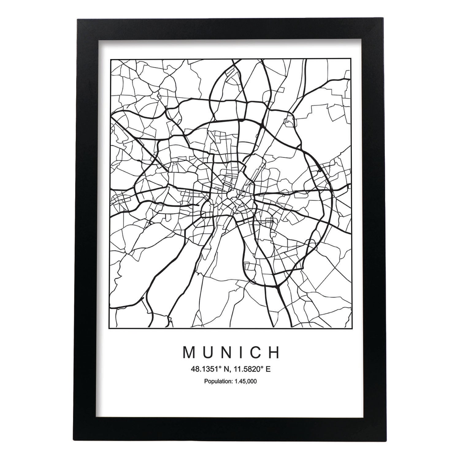 Lámina mapa de la ciudad Munich estilo nordico en blanco y negro.-Artwork-Nacnic-A4-Marco Negro-Nacnic Estudio SL