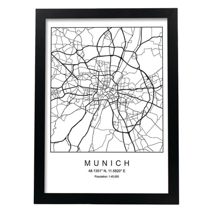 Lámina mapa de la ciudad Munich estilo nordico en blanco y negro.-Artwork-Nacnic-A4-Marco Negro-Nacnic Estudio SL
