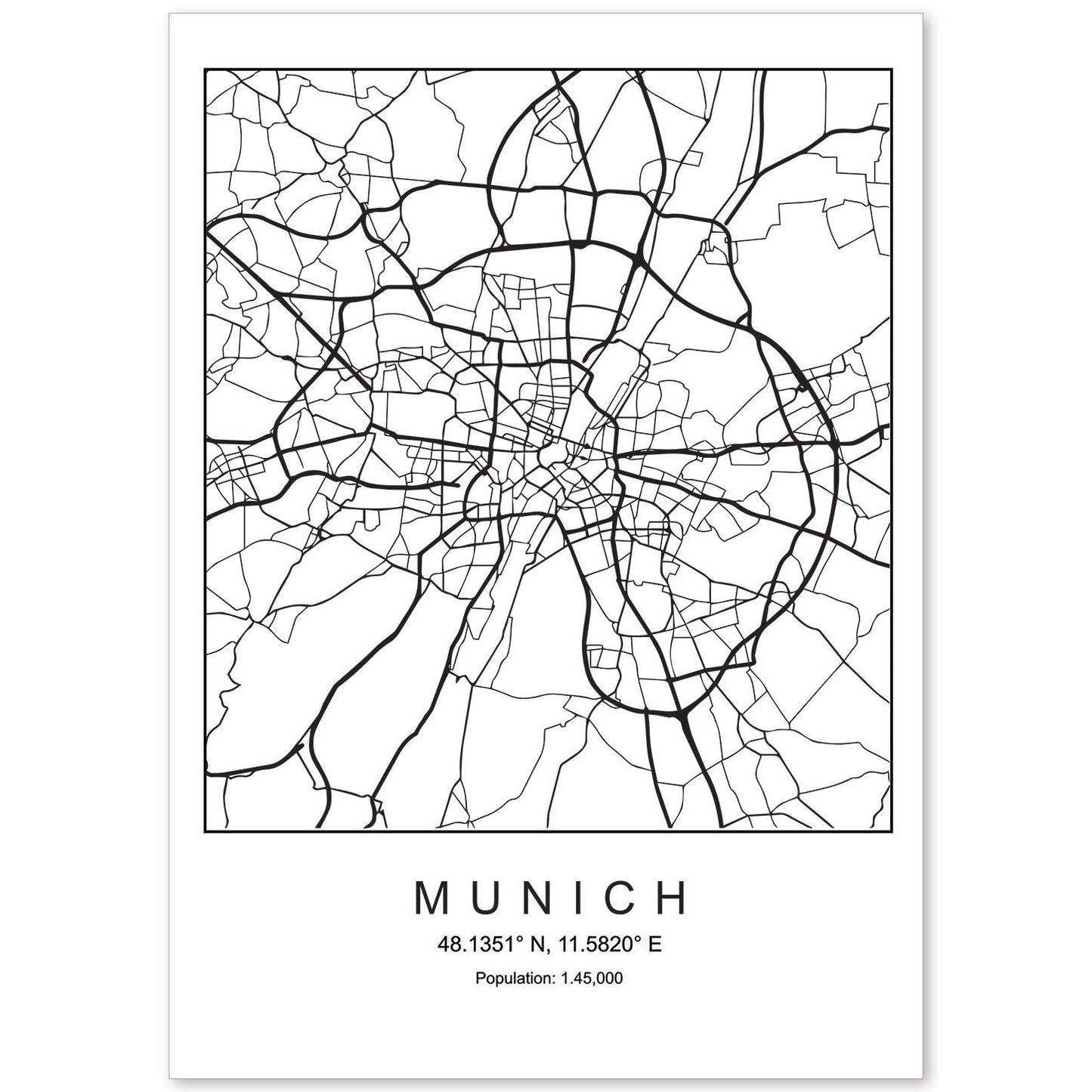 Lámina mapa de la ciudad Munich estilo nordico en blanco y negro.-Artwork-Nacnic-A4-Sin marco-Nacnic Estudio SL