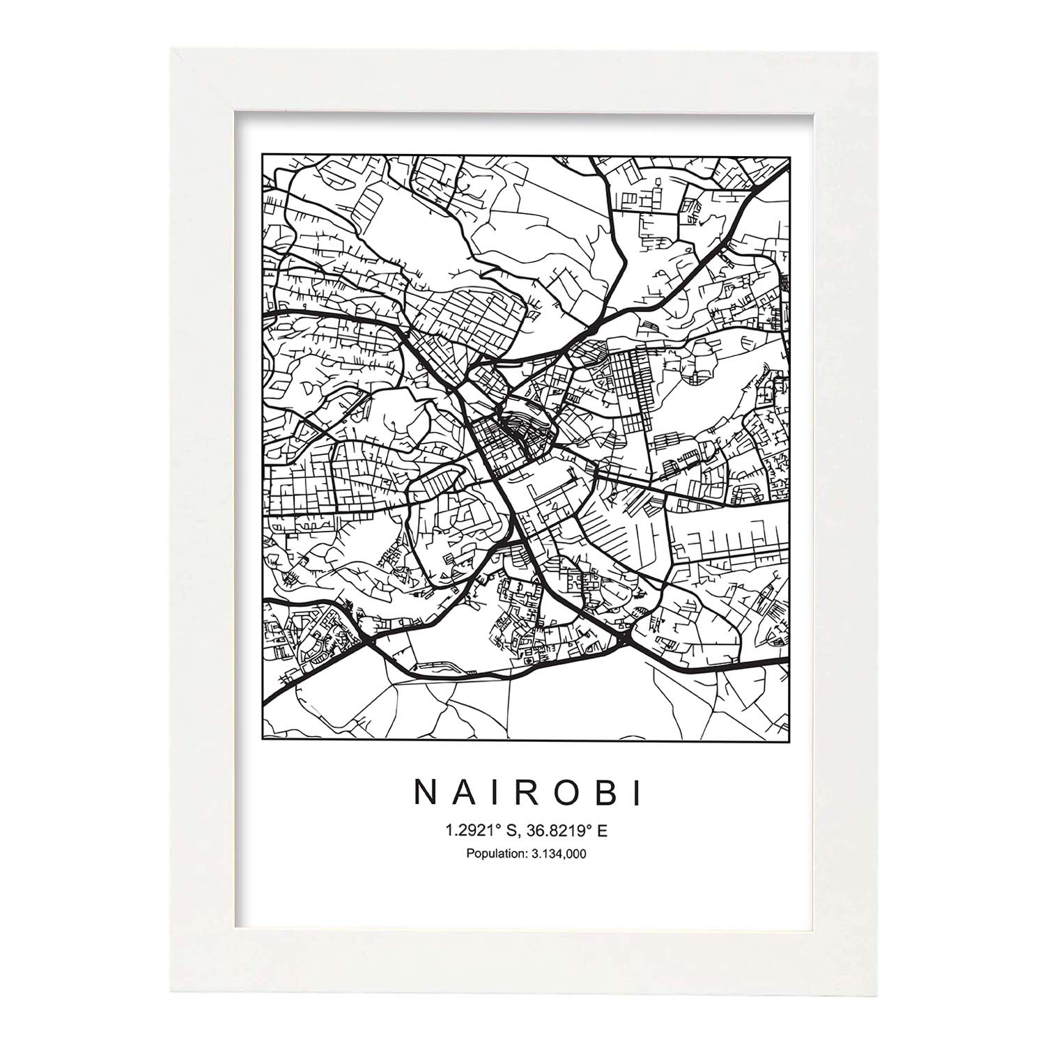 Lámina mapa de la ciudad Nairobi estilo nordico en blanco y negro.-Artwork-Nacnic-A3-Marco Blanco-Nacnic Estudio SL