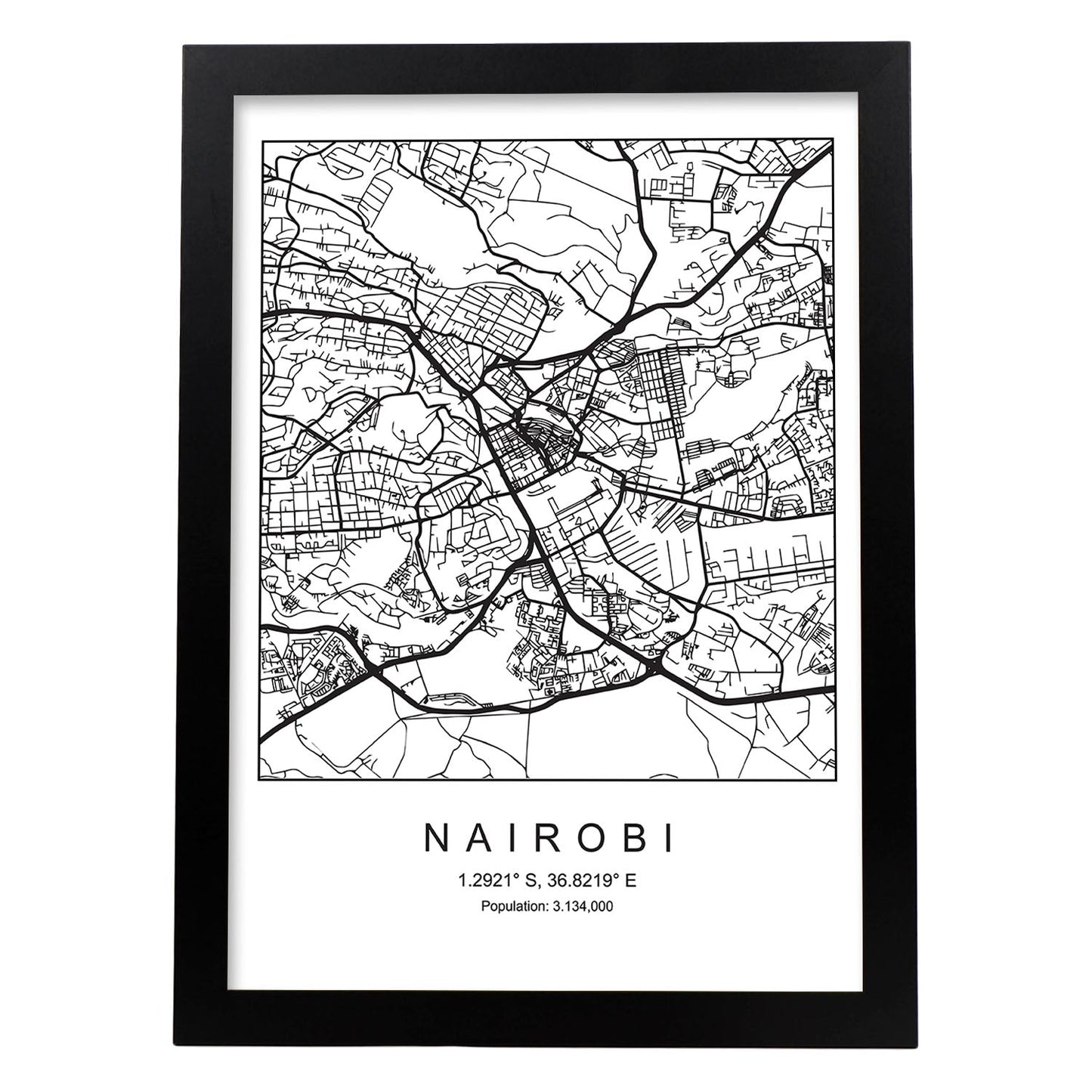 Lámina mapa de la ciudad Nairobi estilo nordico en blanco y negro.-Artwork-Nacnic-A3-Marco Negro-Nacnic Estudio SL