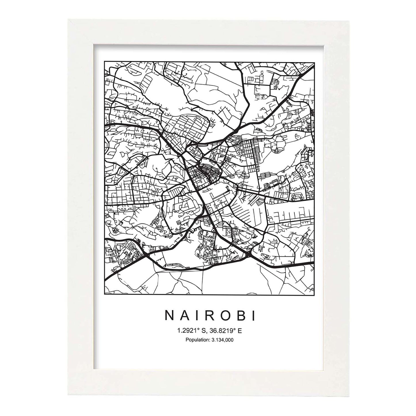Lámina mapa de la ciudad Nairobi estilo nordico en blanco y negro.-Artwork-Nacnic-A4-Marco Blanco-Nacnic Estudio SL