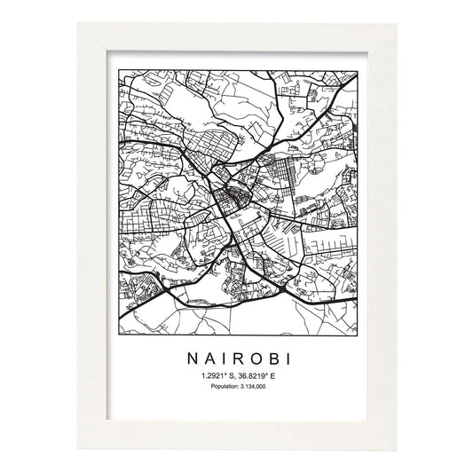 Lámina mapa de la ciudad Nairobi estilo nordico en blanco y negro.-Artwork-Nacnic-A4-Marco Blanco-Nacnic Estudio SL