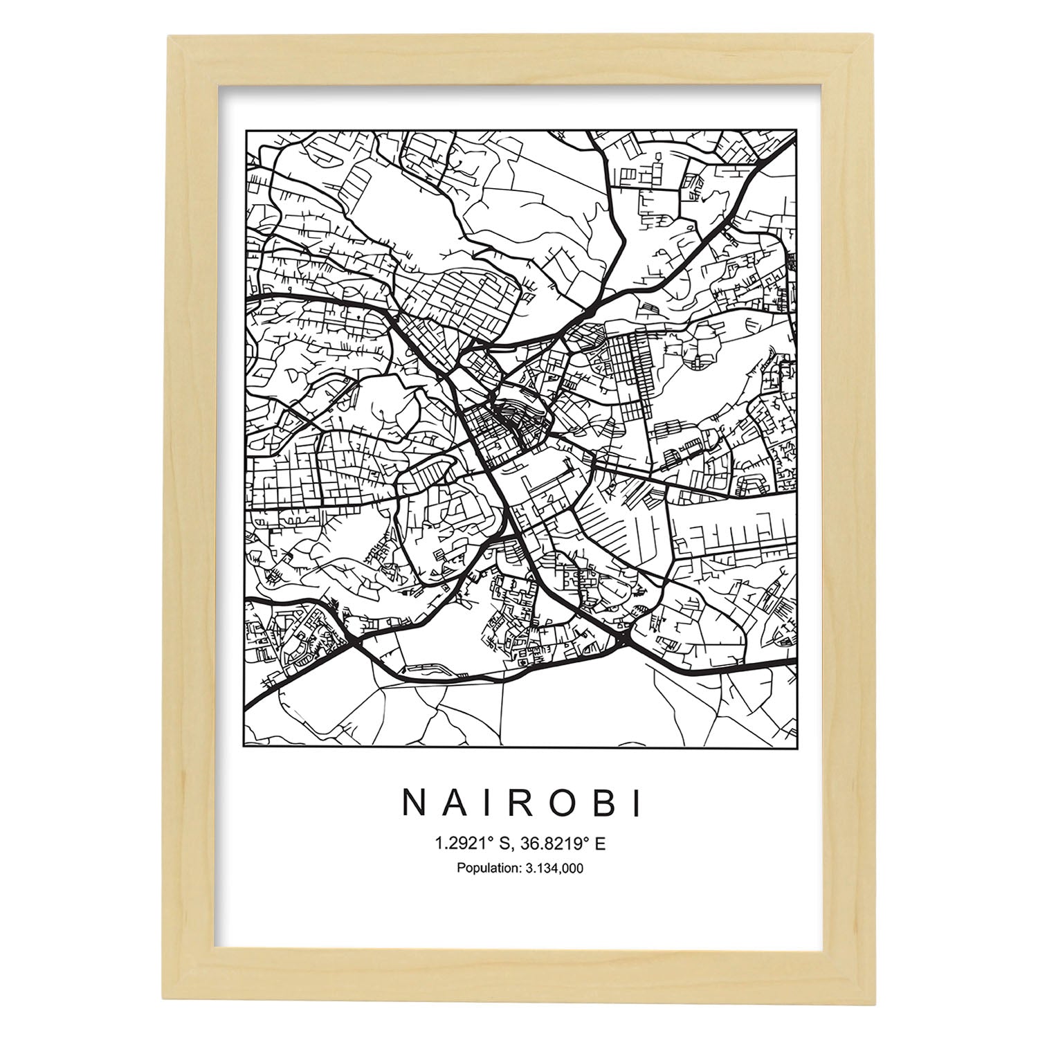 Lámina mapa de la ciudad Nairobi estilo nordico en blanco y negro.-Artwork-Nacnic-A4-Marco Madera clara-Nacnic Estudio SL