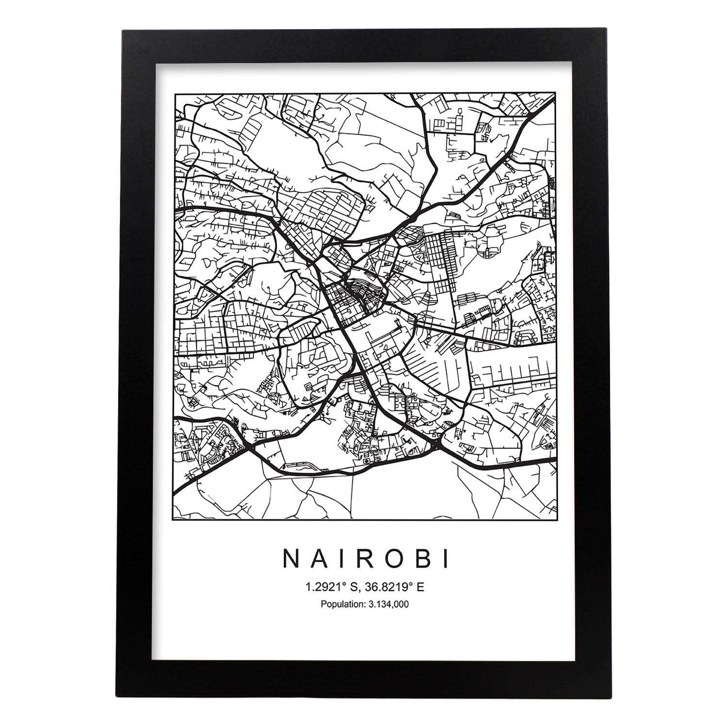 Lámina mapa de la ciudad Nairobi estilo nordico en blanco y negro.-Artwork-Nacnic-A4-Marco Negro-Nacnic Estudio SL