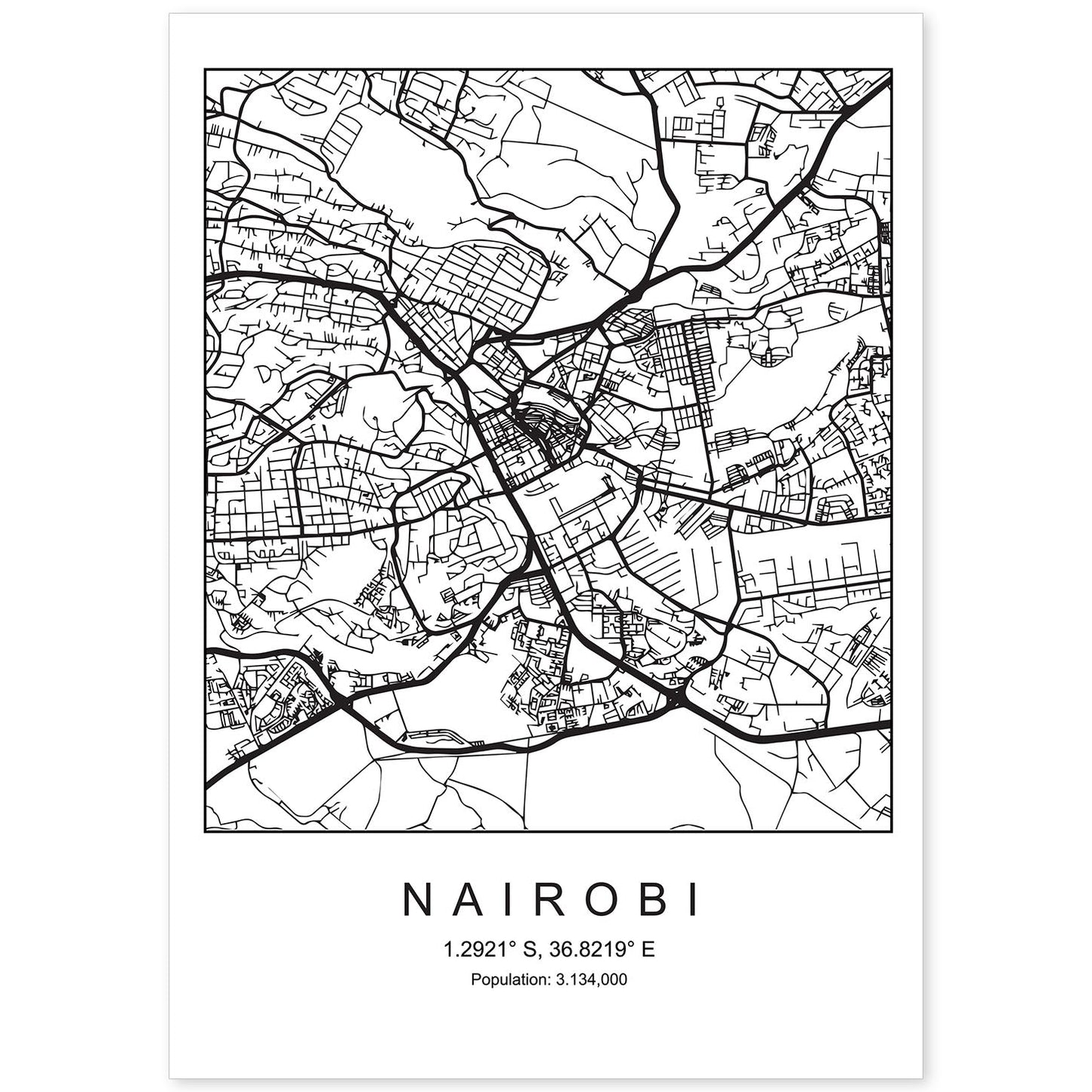 Lámina mapa de la ciudad Nairobi estilo nordico en blanco y negro.-Artwork-Nacnic-A4-Sin marco-Nacnic Estudio SL