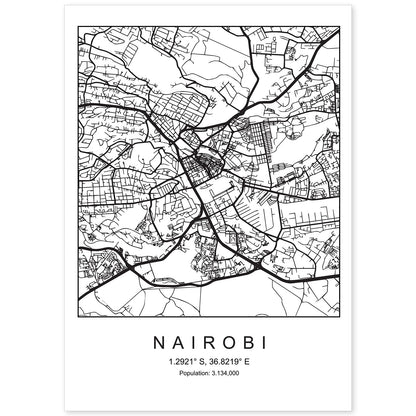 Lámina mapa de la ciudad Nairobi estilo nordico en blanco y negro.-Artwork-Nacnic-A4-Sin marco-Nacnic Estudio SL