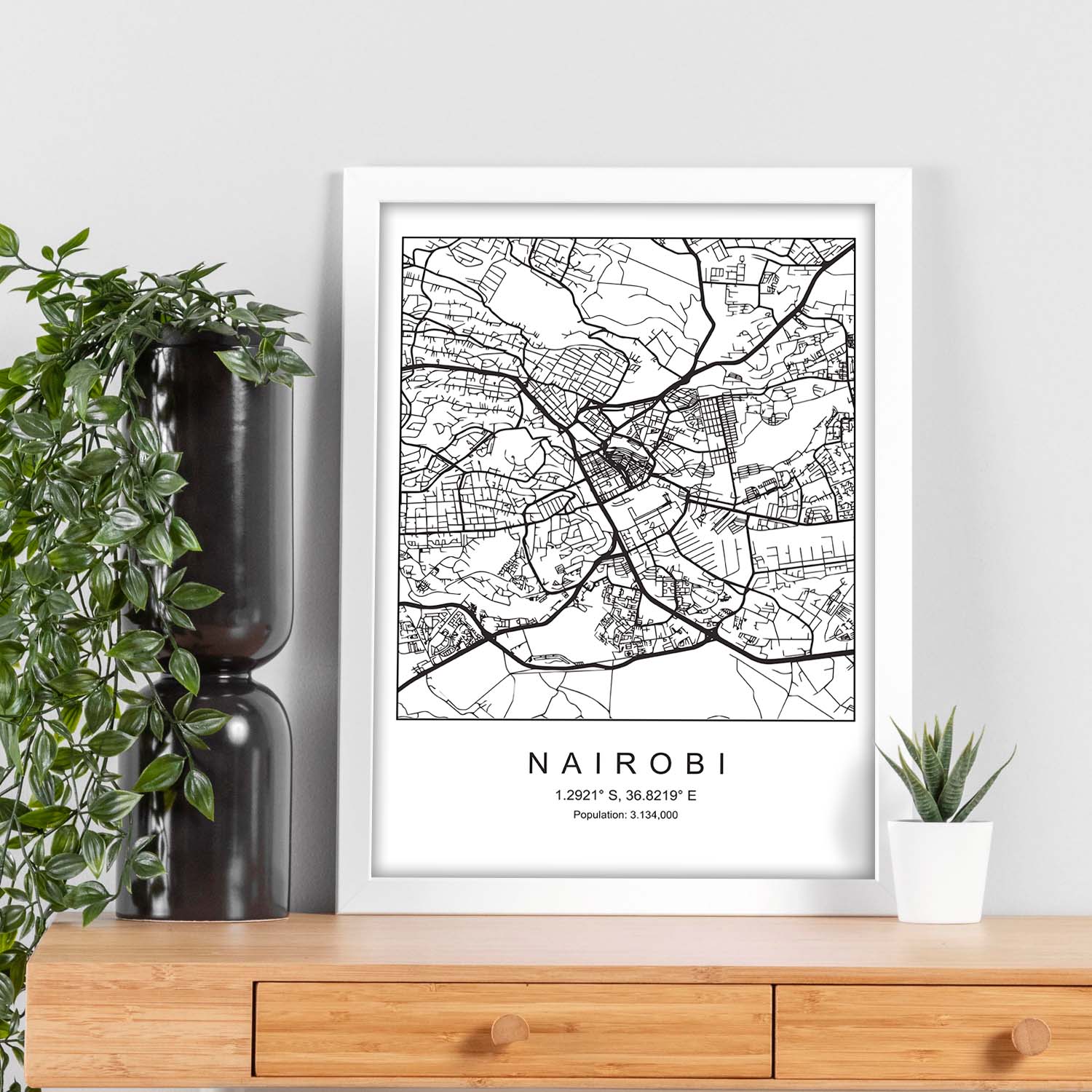 Lámina mapa de la ciudad Nairobi estilo nordico en blanco y negro.-Artwork-Nacnic-Nacnic Estudio SL
