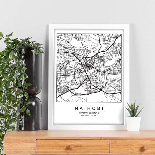 Lámina mapa de la ciudad Nairobi estilo nordico en blanco y negro.-Artwork-Nacnic-Nacnic Estudio SL