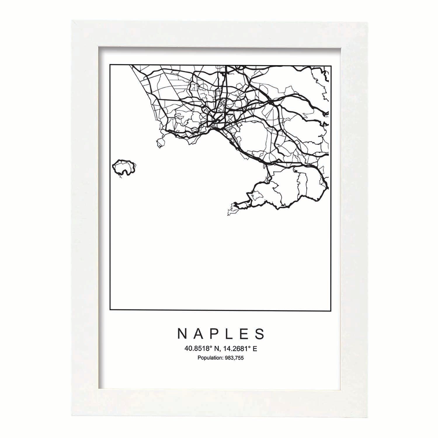 Lámina mapa de la ciudad Naples estilo nordico en blanco y negro.-Artwork-Nacnic-A3-Marco Blanco-Nacnic Estudio SL