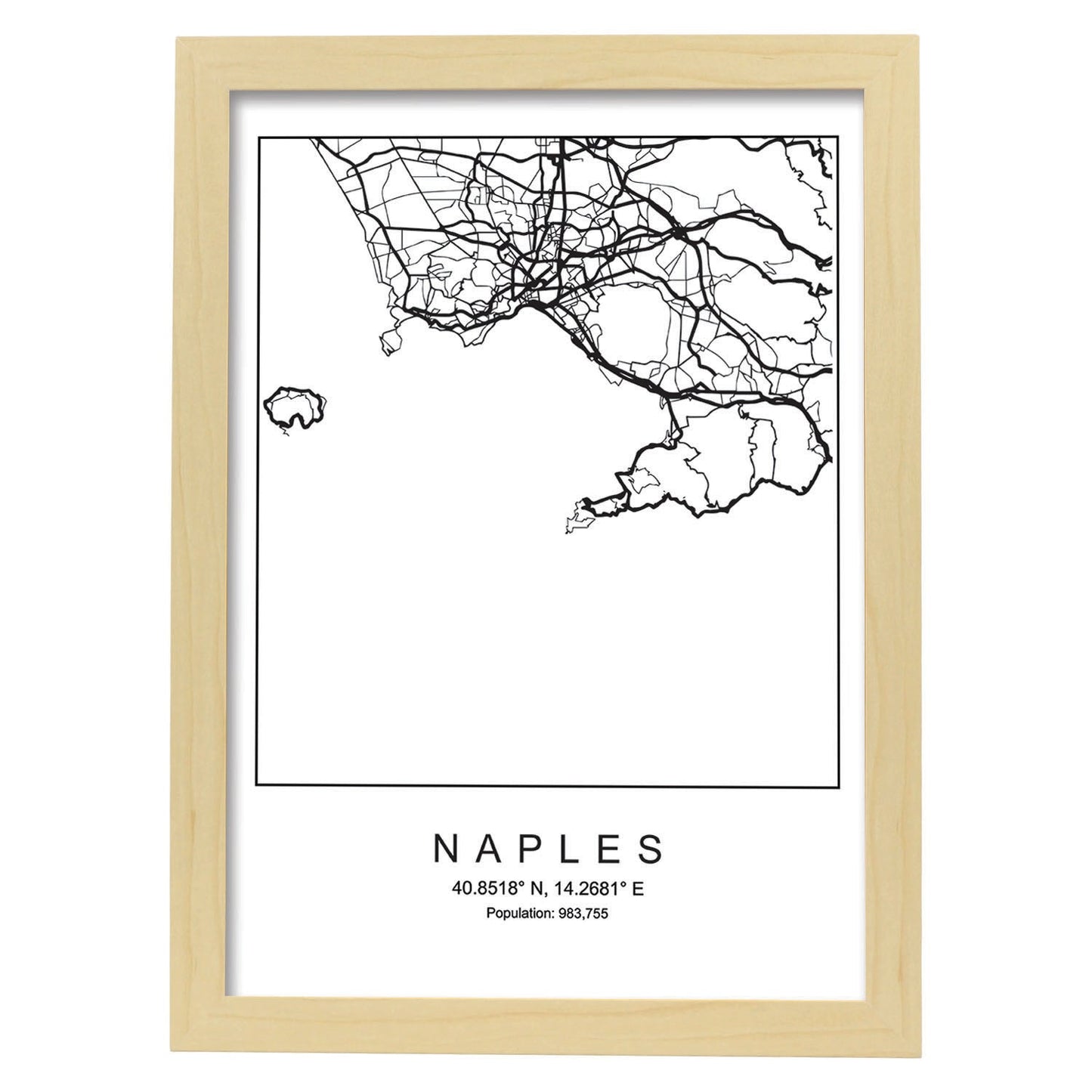Lámina mapa de la ciudad Naples estilo nordico en blanco y negro.-Artwork-Nacnic-A3-Marco Madera clara-Nacnic Estudio SL
