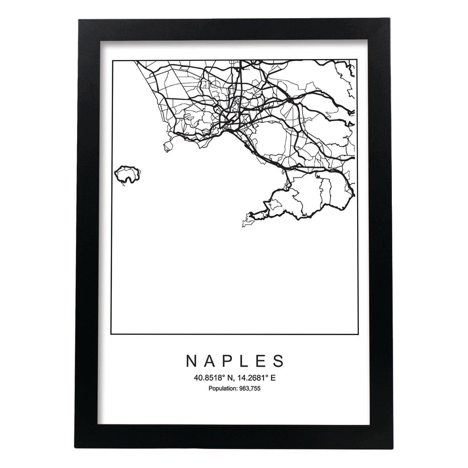 Lámina mapa de la ciudad Naples estilo nordico en blanco y negro.-Artwork-Nacnic-A3-Marco Negro-Nacnic Estudio SL