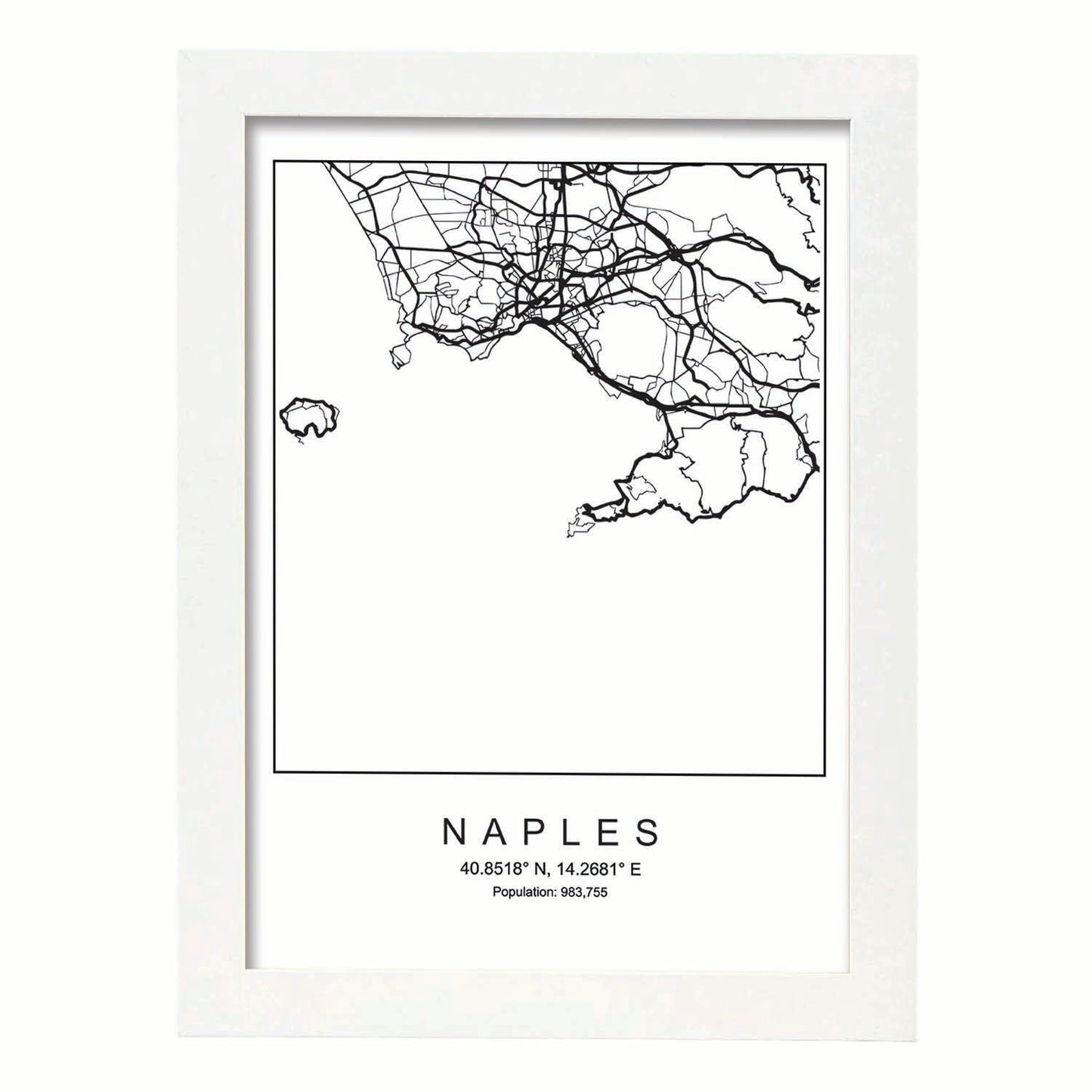 Lámina mapa de la ciudad Naples estilo nordico en blanco y negro.-Artwork-Nacnic-A4-Marco Blanco-Nacnic Estudio SL