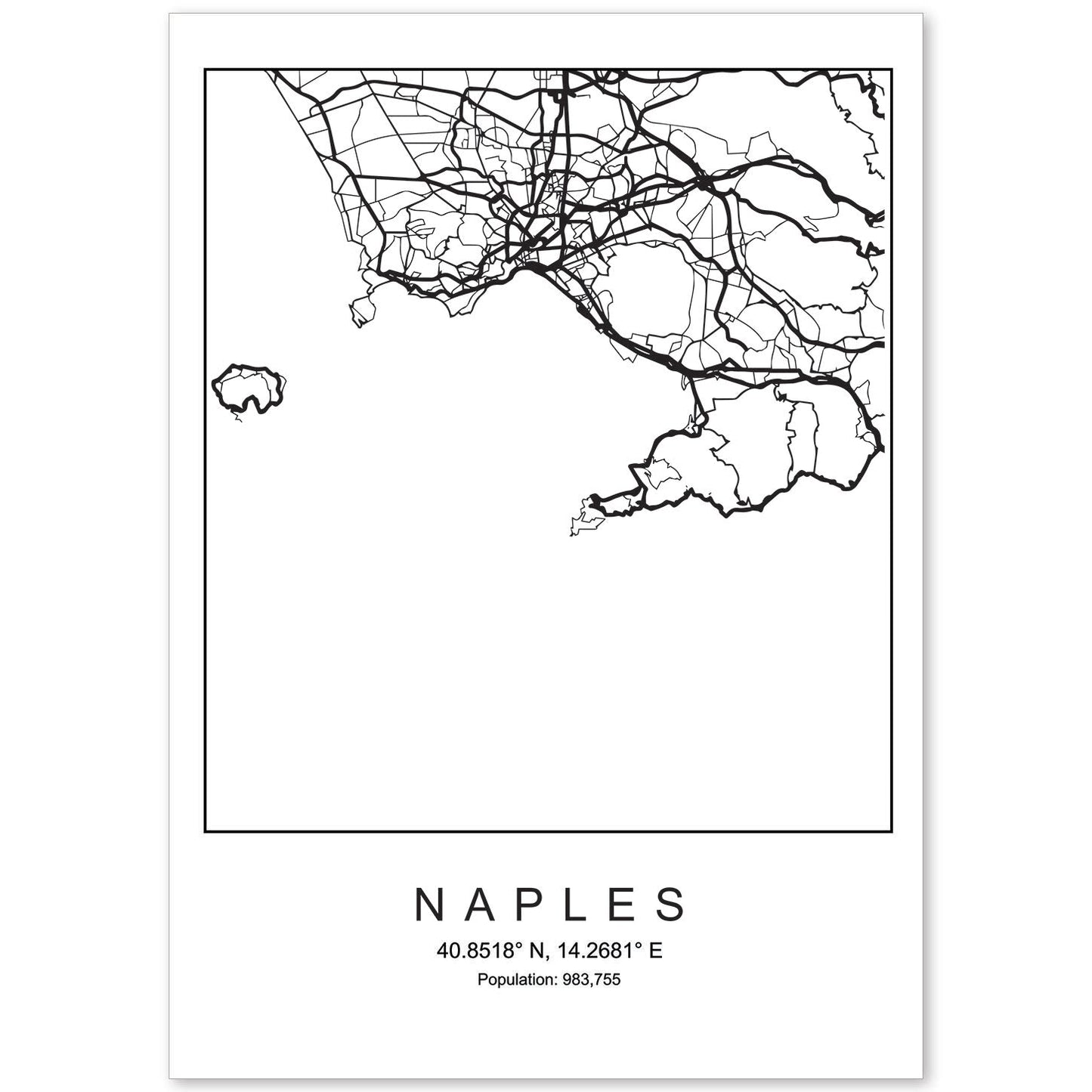 Lámina mapa de la ciudad Naples estilo nordico en blanco y negro.-Artwork-Nacnic-A4-Sin marco-Nacnic Estudio SL