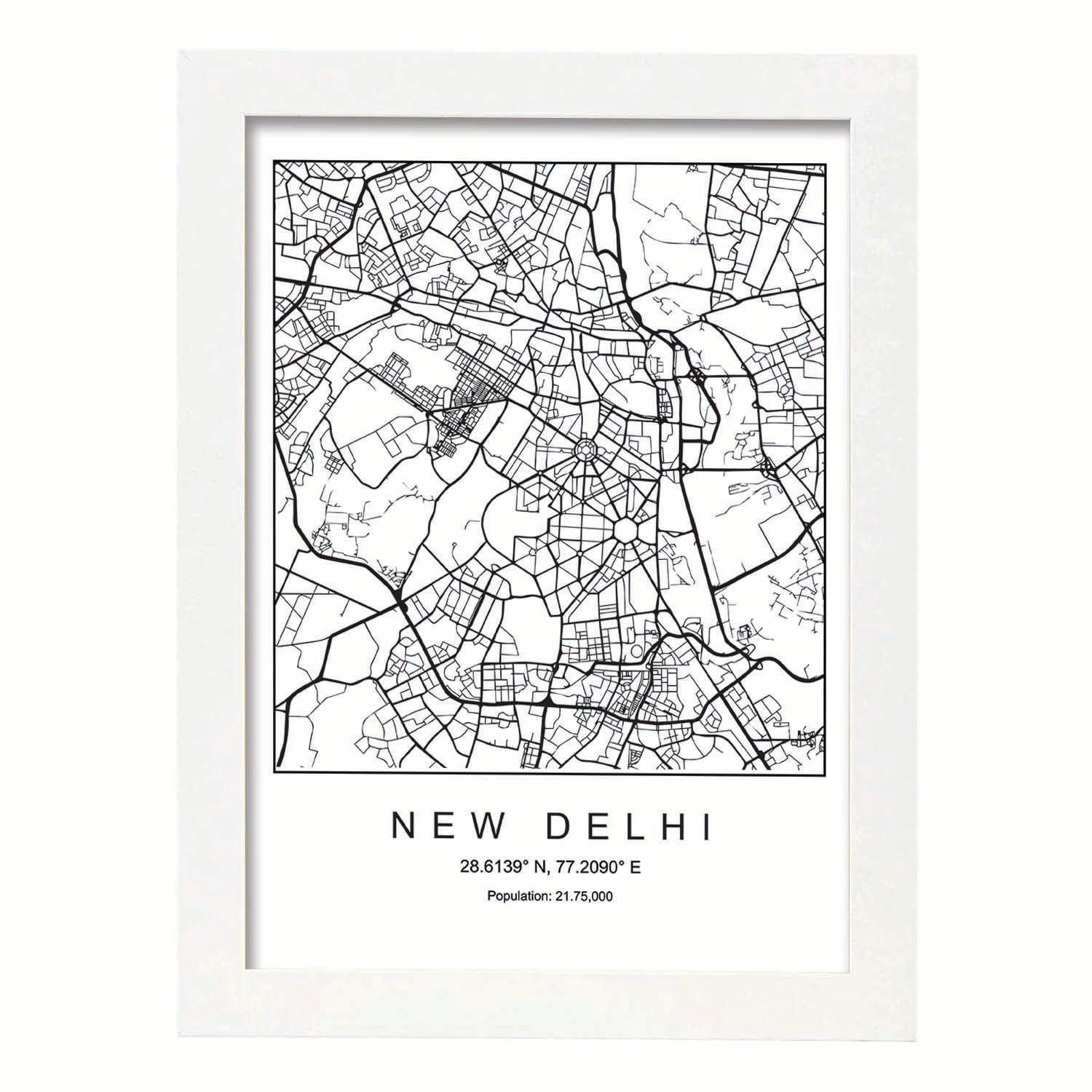 Lámina mapa de la ciudad New delhi estilo nordico en blanco y negro.-Artwork-Nacnic-A3-Marco Blanco-Nacnic Estudio SL
