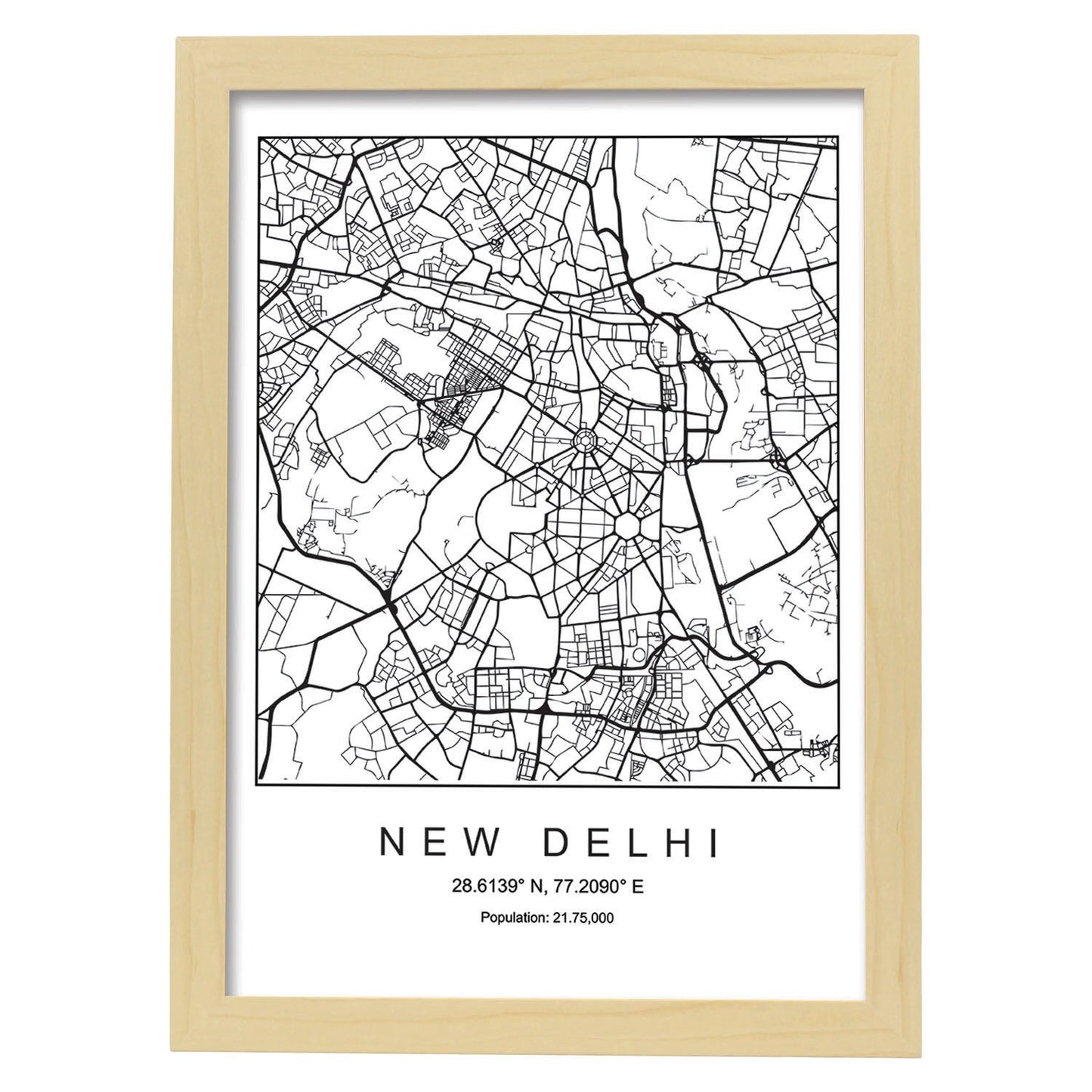 Lámina mapa de la ciudad New delhi estilo nordico en blanco y negro.-Artwork-Nacnic-A3-Marco Madera clara-Nacnic Estudio SL