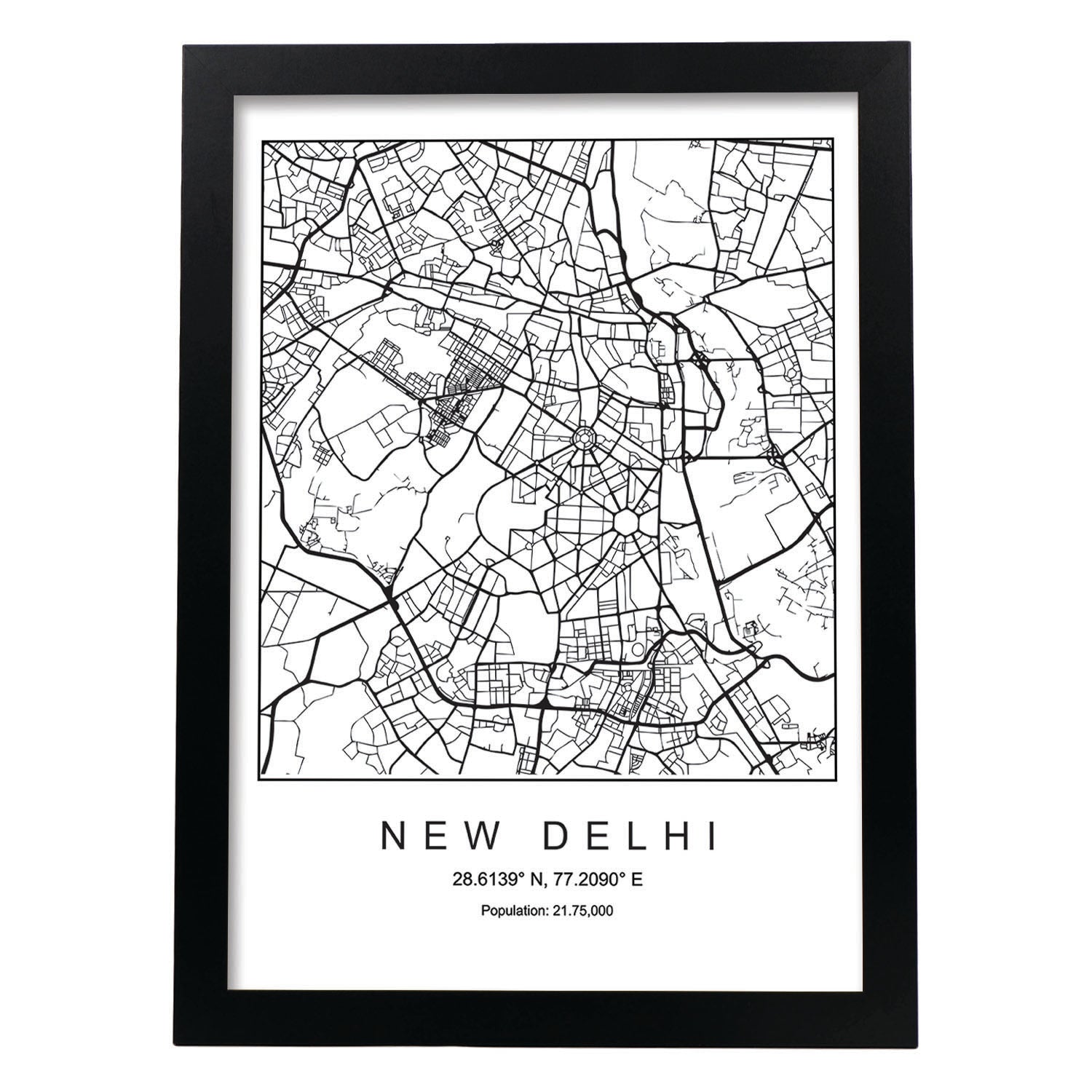 Lámina mapa de la ciudad New delhi estilo nordico en blanco y negro.-Artwork-Nacnic-A3-Marco Negro-Nacnic Estudio SL