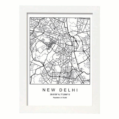 Lámina mapa de la ciudad New delhi estilo nordico en blanco y negro.-Artwork-Nacnic-A4-Marco Blanco-Nacnic Estudio SL
