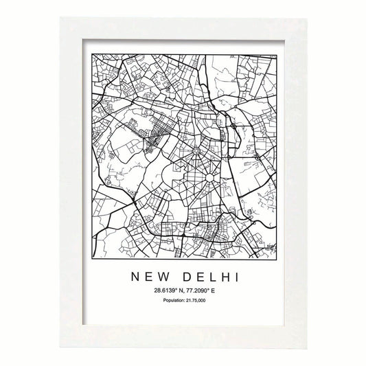 Lámina mapa de la ciudad New delhi estilo nordico en blanco y negro.-Artwork-Nacnic-A4-Marco Blanco-Nacnic Estudio SL