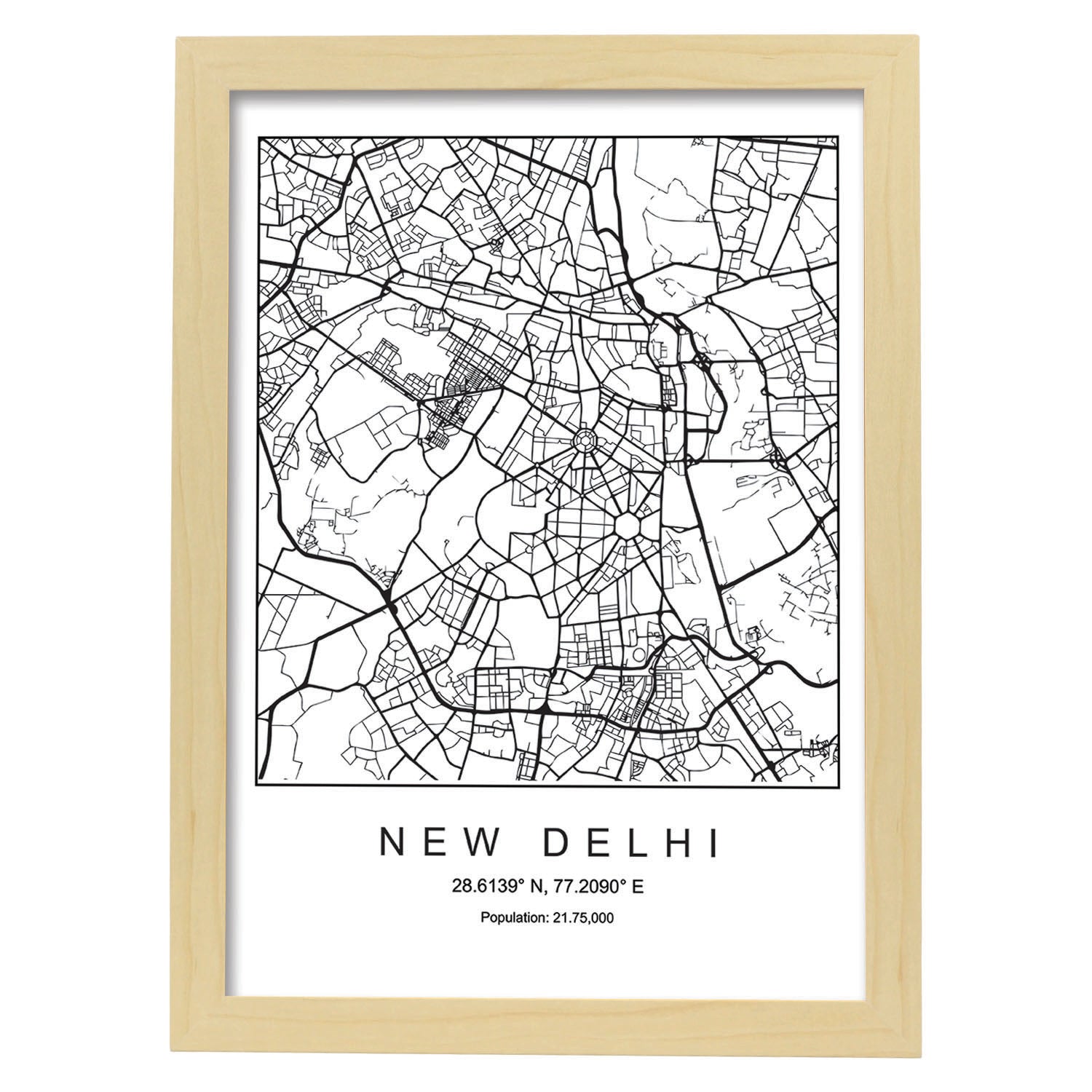 Lámina mapa de la ciudad New delhi estilo nordico en blanco y negro.-Artwork-Nacnic-A4-Marco Madera clara-Nacnic Estudio SL