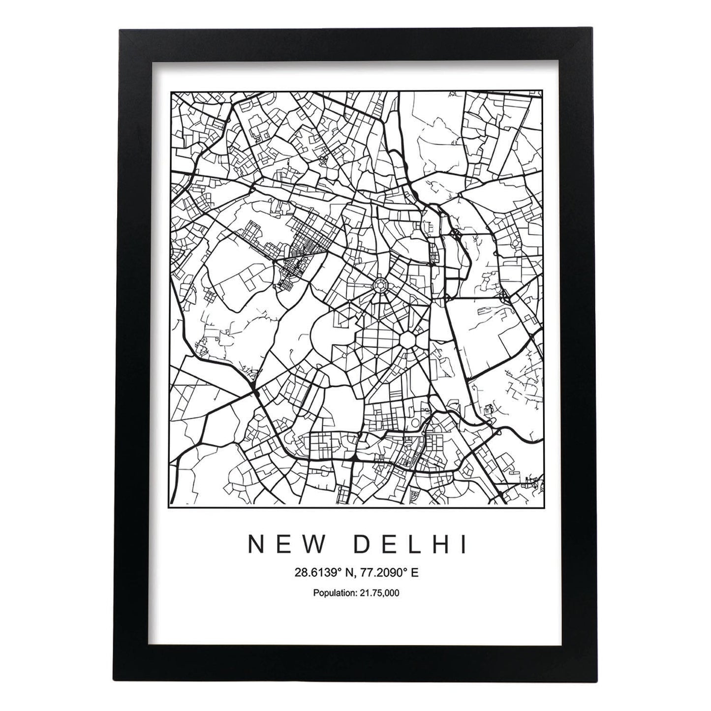 Lámina mapa de la ciudad New delhi estilo nordico en blanco y negro.-Artwork-Nacnic-A4-Marco Negro-Nacnic Estudio SL