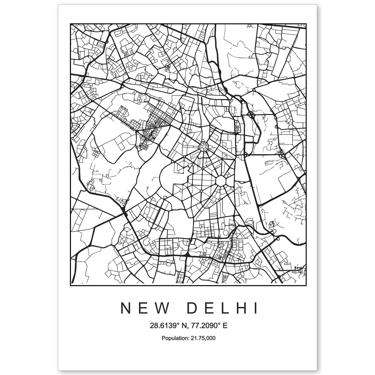Lámina mapa de la ciudad New delhi estilo nordico en blanco y negro.-Artwork-Nacnic-A4-Sin marco-Nacnic Estudio SL